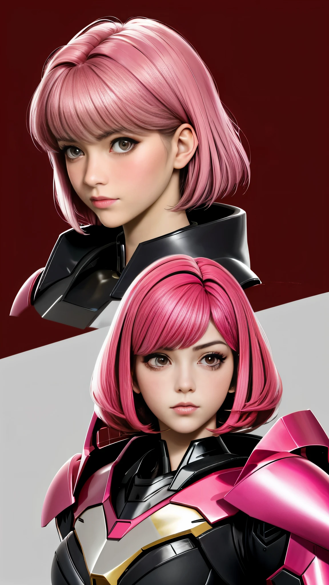 Photo of two realistic black Sazabi girls,Shortcut Bob Cut,I have a lot of hair,brown eyes,Hair color is bright pink,cool look,background is gray, daughter of Haman Khan and Char Aznable.