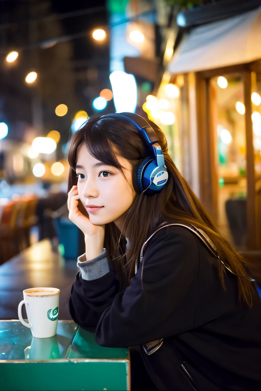 girl listening to music in a cafe