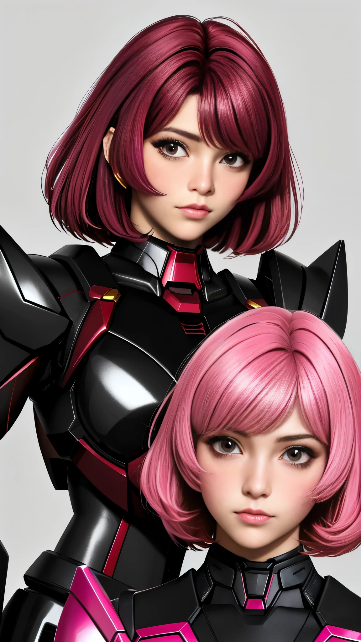 Photo of two realistic black Sazabi girls,Shortcut Bob Cut,I have a lot of hair,brown eyes,Hair color is bright pink,cool look,background is gray,16 year old daughter of Haman Khan and Char Aznable.