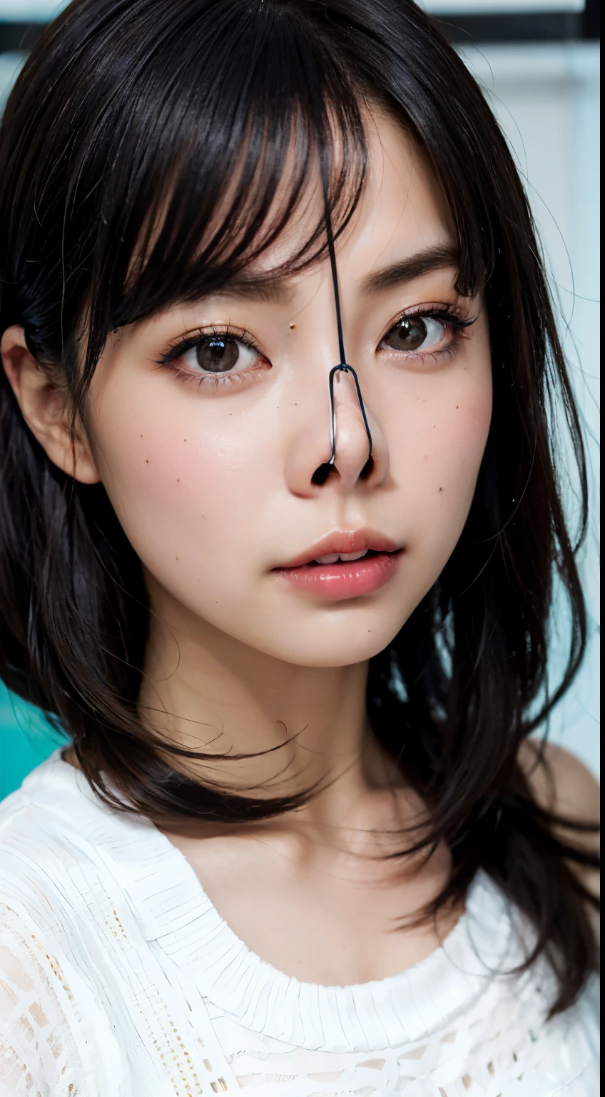 Fashion trendy beautiful and attractive woman, ,(Highest quality realistic textured skins:1.4), fine eyes, detailed face, high quality eyes, focus the eyes clearly, nose and mouth,face focus, Super close up of face gentle and charming Chinese beautiful woman, delicate and sexy clavicle, attractive oval face, double eyelid, Smart peach blossom eyes, pink lips, small nose, bare shoulders, focus on the face, close up of face, ultra high resolution, Super detailed, full body photo, Ultra thin and transparent, The white off-shoulder shirt and light blue slit skirt go great together., fresh and good, And see through,cinematic lighting,rim light,bob cut,