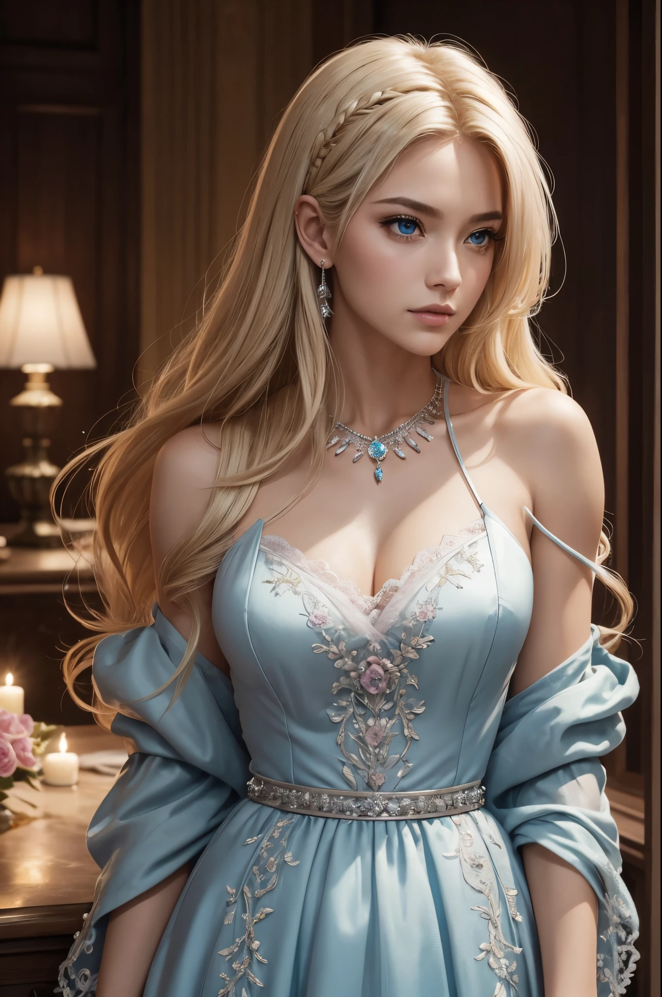 8K,Adult woman with blonde shaggy hair,Super beautiful(like the real thing), Severe, elegant, pink dress, bewitching aristocrat, silver elements, long nails, bare shoulders, hairstyle, beautiful expression,blue eyes, Messy, I am proud, absurd, fine dress, royalty, celebration, hall decorated with flowers, cowboy shot, portrait, (highest quality), (table top), (very detailed), masterpiece,highest qualityのフォトリアリスティックなRAW写真。Backlight, cinematic lighting, film grain, to be born, 50mm lens, Nikon D850,super realistic skin,fantasy art,character art,ultra high resolution,Macho with a muscular slender body,perfect hands,Makeup,Bust shot close-up,