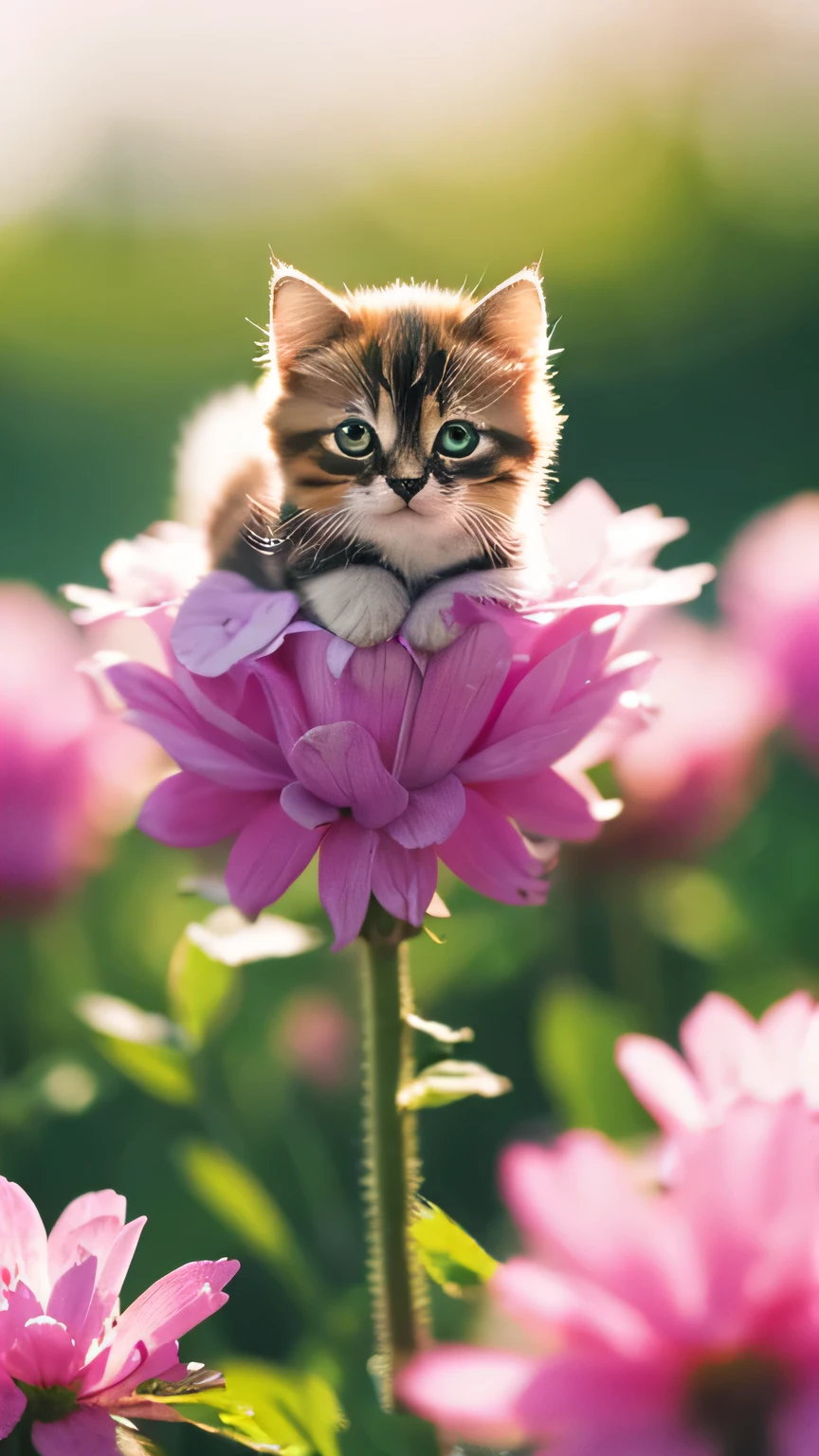 A very small kitten was sitting on a flower，there are a lot of lights, nice digital painting, adorableデジタルアート, cute detailed digital art, cute kitten, cute cat, beautiful and cute, cute cat, very cute, 今までで一番cute kitten, Full of fluffy light, miniature kitten, very cute, adorable, cute artwork, super realistic picture, beautiful digital artwork