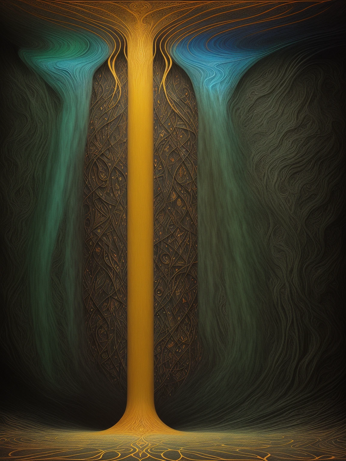waterfall upwards, levitating water, like an ever flowing stream, water falling into the sky, waves, William Blake, visionary art, New Age art, computer art, (Eyvinde Earle), JRR Tolkien, ((Tyler Hobbs)), aboriginal artwork, Hilma af Klint, dreamtime, falling up, organic abstract geometric artwork, burn marks, (HR Giger), Sol Lewitt, intricate, tryptophobia, art nouveau, expired film, death metal album cover, altars of madness, (abstract ukiyo-e), contrast, shadows, houdini, ambient occlusion, subsurface scattering, depth of field, redshift, octane, 8K, high resolution render, forest green, yellow, orange, indigo, amber, intricate, hyper-realistic, endless voids, elden ring style, modern disney style, nousr robot, pinhole camera, illuminati, ancient glyphs, incredibly complex!, nikon, DLSR, NERF