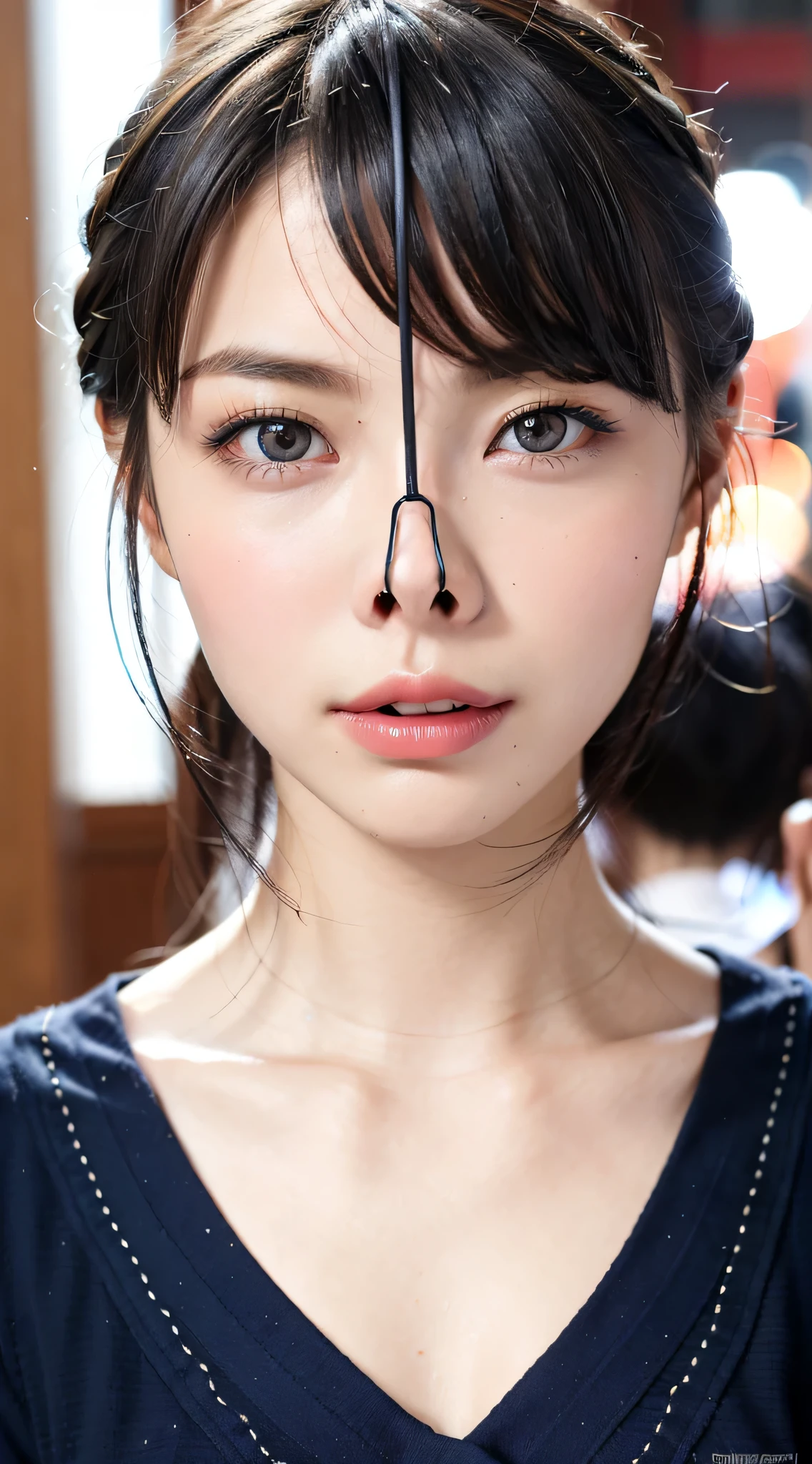 Fashion trendy beautiful and attractive woman, ,(Top quality realistic textured skin:1.4), fine eyes, detailed face, high quality eyes, focus the eyes clearly, nose and mouth,face focus, Super close up of face gentle and charming Chinese beautiful woman, delicate and sexy clavicle, attractive oval face, double eyelid, Smart peach blossom eyes, pink lips, small nose, bare shoulders, focus on the face, close up of face, ultra high resolution, Super detailed, full body photo, Ultra thin and transparent, The white off-shoulder shirt and light blue slit skirt go great together.., fresh and good, And see through,cinematic lighting,rim light,bob cut,