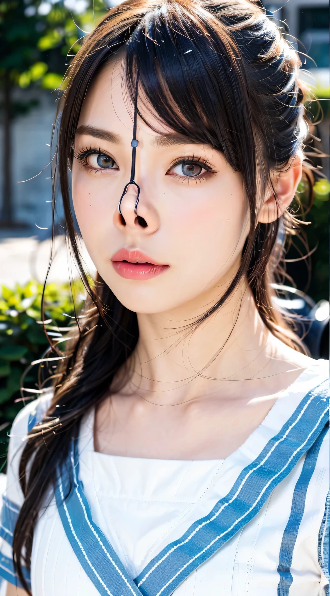 masterpiece,8k wallpaper,portrait (best quality, Ultradetailed:1.2),tween ager,girl,(camisole)(makeup:0.2)(outdoor:1.7)(street)(big eyes:1) <lora:nose-tapeV1.2:0.8>close-up(white skin)(close mouth:1)side view