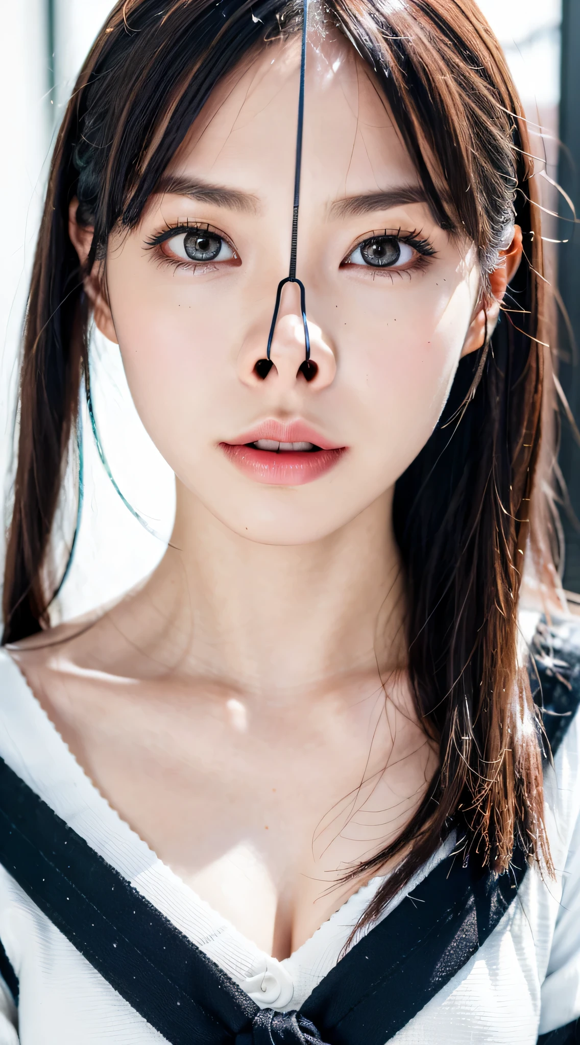 Fashion trendy beautiful and attractive woman, ,(Top quality realistic textured skin:1.4), fine eyes, detailed face, high quality eyes, focus the eyes clearly, nose and mouth,face focus, Super close up of face gentle and charming Chinese beautiful woman, delicate and sexy clavicle, attractive oval face, double eyelid, Smart peach blossom eyes, pink lips, small nose, bare shoulders, focus on the face, close up of face, ultra high resolution, Super detailed, full body photo, Ultra thin and transparent, The white off-shoulder shirt and light blue slit skirt go great together.., fresh and good, And see through,cinematic lighting,rim light,bob cut,