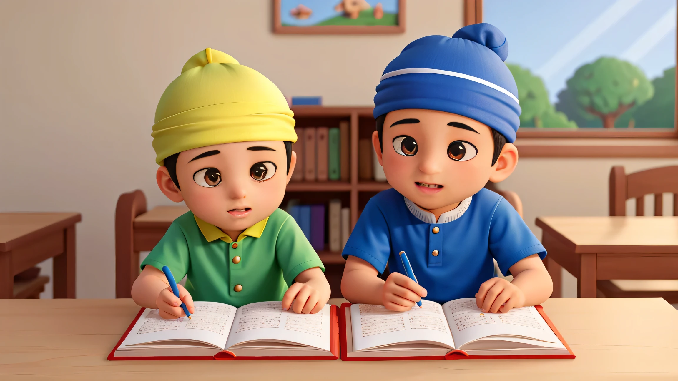 Muslim story book illustration featuring  male children with bears and turban on his head, engrossed in a vibrant vector illustration, all wearing traditional Islamic attire. The kids, with rosy cheeks and round eyes, show delight on their well-formed faces as they turn the pages of the good pictures book in a cozy classroom scene. The artist's skilled hands bring the characters to life with intricate details and beautiful colors, creating a heartfelt connection between the story and its young readers.
