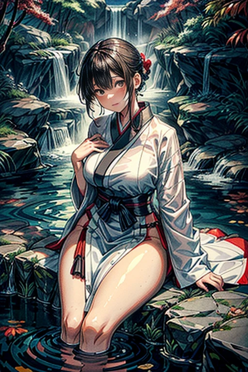 One woman, dressed in traditional (white Japanese attire:1.2), (fully clothed:1.2), stands under a towering waterfall during the stillness of the night. The water cascades down her back, catching the moonlight and creating a mesmerizing scene. Her long, dark hair is plastered to her back, and her face is aflame with blushing embarrassment. She closes her mouth tightly, trying to keep her gasps and moans contained. Her kimono, now saturated, clings to her curves, revealing her lithe figure. The cool water of the fall contrasts with the warmth emanating from her body, as she undergoes the ritual purification of misogi. 