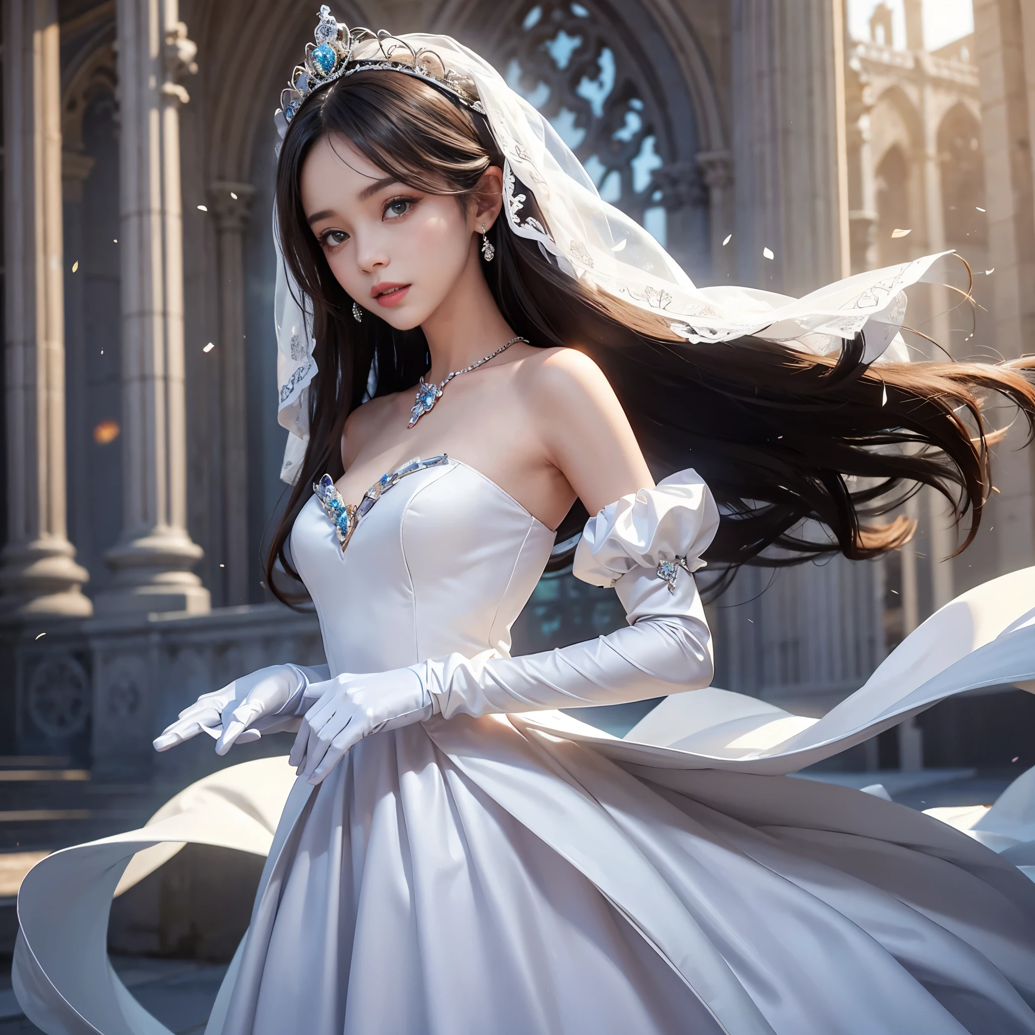 best quality, masterpiece, 1 girl, long hair, A huge laugh, cute teen, shiny lips, sweet, sun glare, Conservative attire, princess, Bridal Tiara, Gloves, depth of field, blurred background, Cathedral Background, light particles, strong wind, head tilt