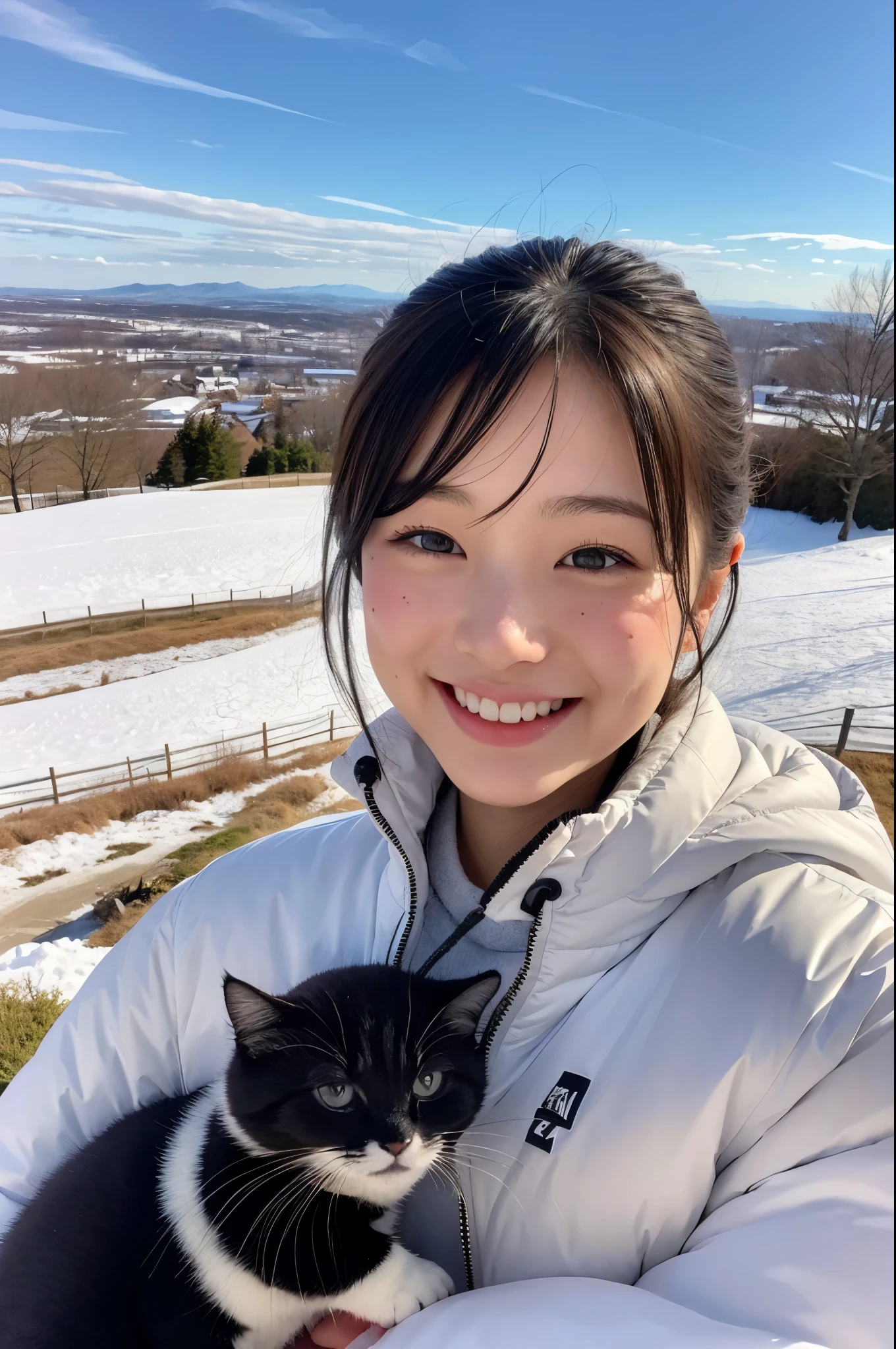 8K Photo Quality、View from the top of the hill(Biei Town, Hokkaido)、snow scene、beautiful japanese woman(23 years old)、Hair cut black bob、wearing a white down jacket。clear sky。Smiling while holding a cute little black kitten。realistic face、a few freckles。