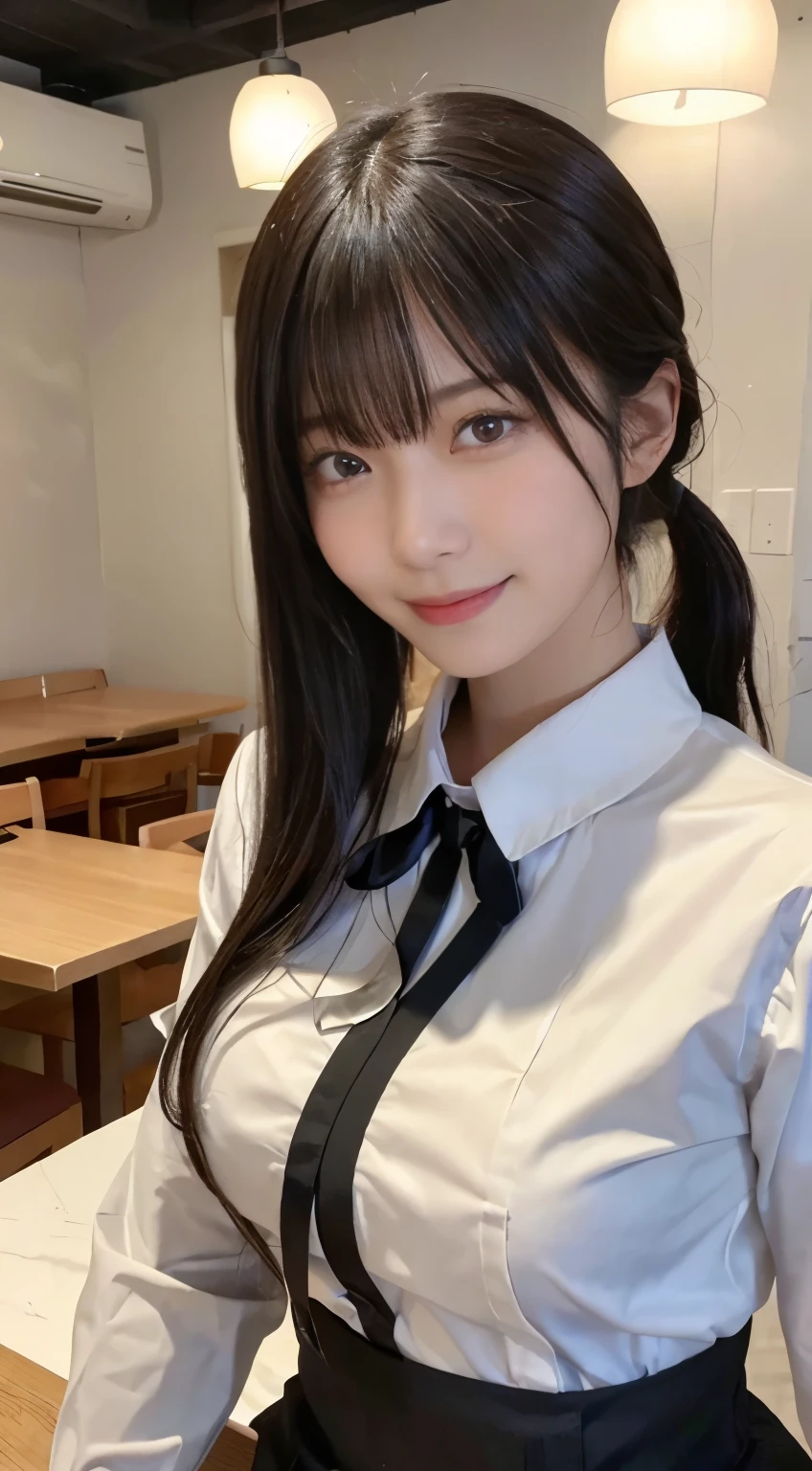 (highest quality,masterpiece:1.3,ultra high resolution,),(Super detailed,caustics),(Photoreal:1.4,RAW shooting,)ultra-realistic capture,very detailed,High resolution 16K human skin close-up。 natural skin texture、,The pores are、、、、Must be detailed enough to be easily identified。 Skin should look even-toned and healthy。 Use natural light and color,restaurant,waitress uniform,1 girl,Japanese,18-year-old,cute,black haired,ponytail,big breasts,smile,turn your body forward,(Front view:1.1),look at the camera,cowboy shot,