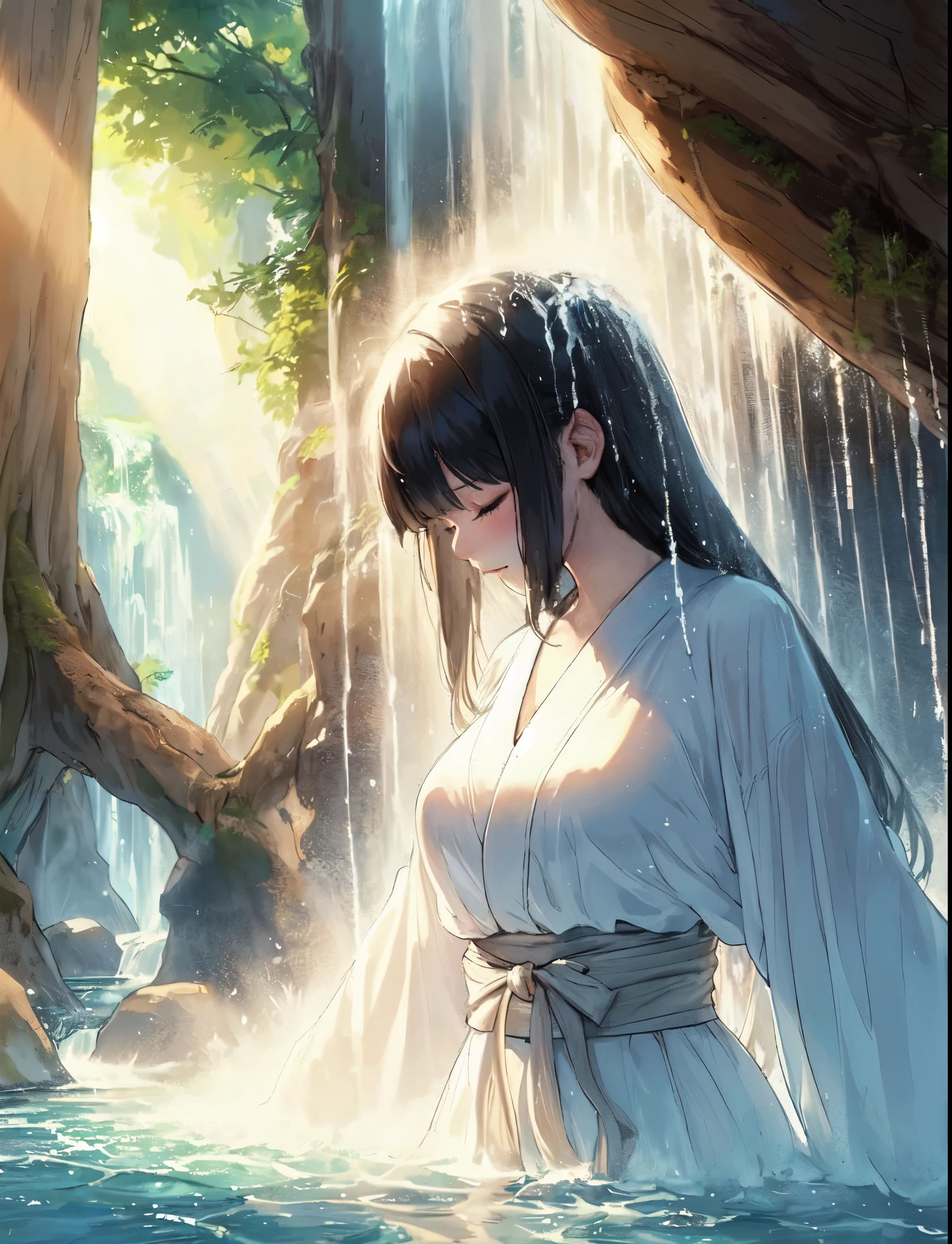 1lady solo, (standing under waterfall), (facing down), kimono (pure white robe:1.1), mature female, /(black hair/) (straight hair) bangs, blush (eyes lightly closed:1.1), (masterpiece best quality:1.2) delicate illustration ultra-detailed, large breasts BREAK (waterfall) outdoors, sacred spot, splash, mossy rocks, ancient tree, (waterfall sparkle in the sunlight), detailed background