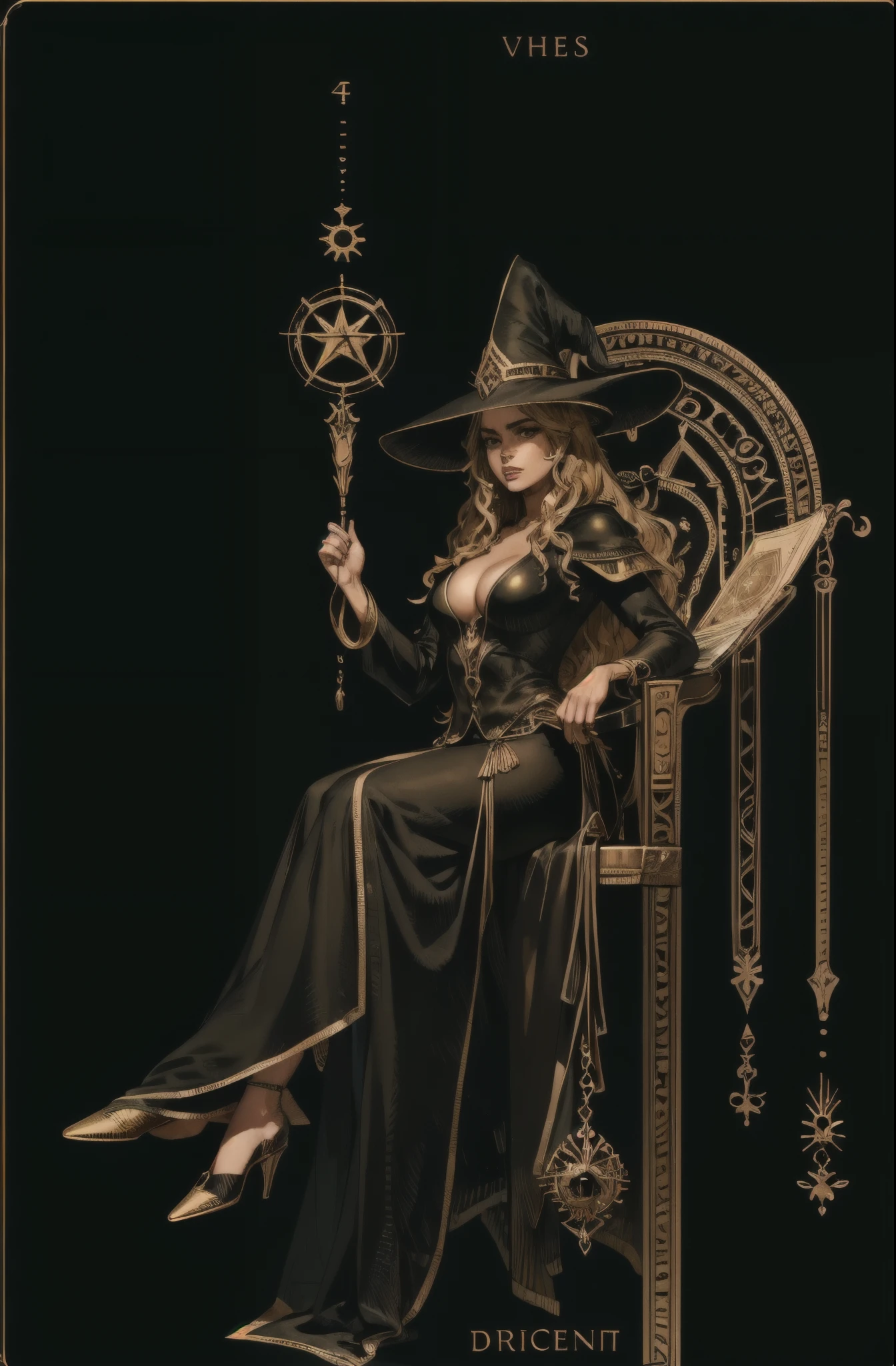 (best quality, masterpiece), (tarot, tarot card,:1.1) solo sorceress female witch, witch hat, black background, golden, glorious, epic background, epic vibe, in the style of Druuna