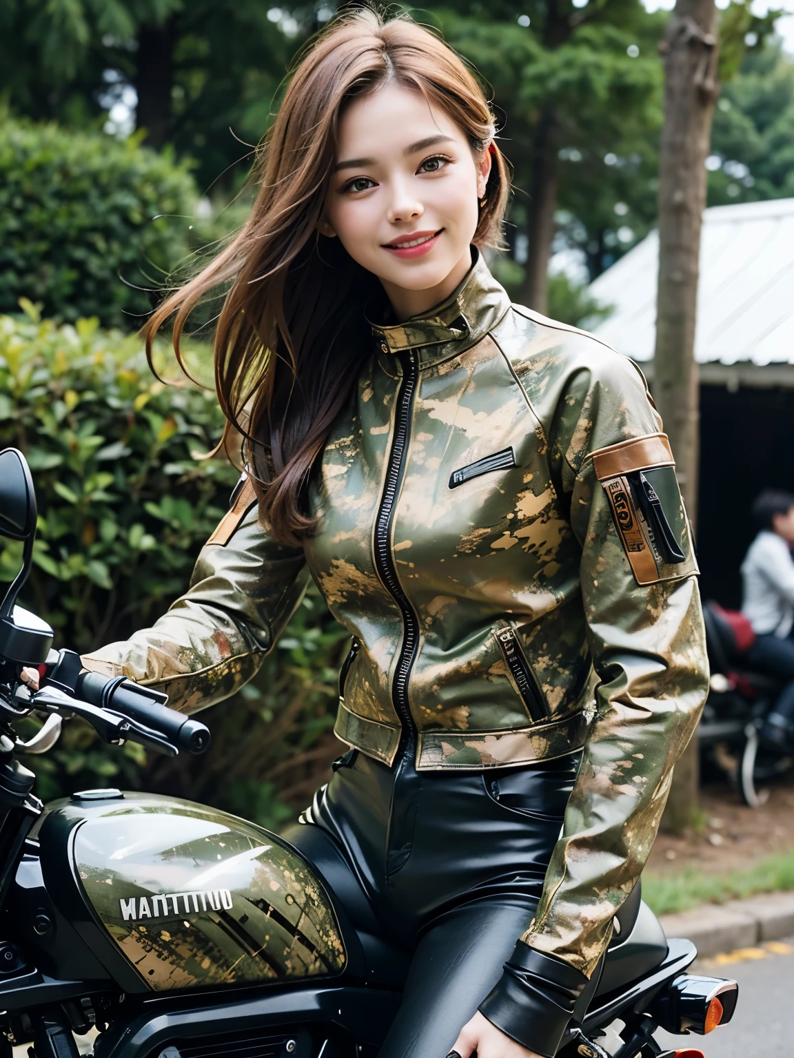 ((best quality)), ((masterpiece)), ((perfect face))、（(detailed motorcycle)）、Detailed and clear photos、((riding a motorcycle))、slender body、long legs、full body shot、smile、((Camouflage pattern long sleeve riding jacket and leather pants))