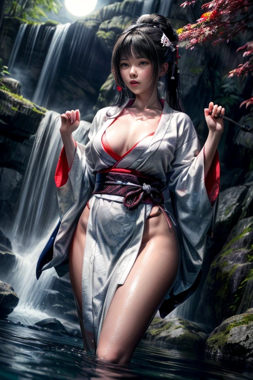 One woman, dressed in traditional (white Japanese attire:1.2), (fully clothed:1.2), stands under a towering waterfall during the stillness of the night. The water cascades down her back, catching the moonlight and creating a mesmerizing scene. Her long, dark hair is plastered to her back, and her face is aflame with blushing embarrassment. She closes her mouth tightly, trying to keep her gasps and moans contained. Her kimono, now saturated, clings to her curves, revealing her lithe figure. The cool water of the fall contrasts with the warmth emanating from her body, as she undergoes the ritual purification of misogi. 