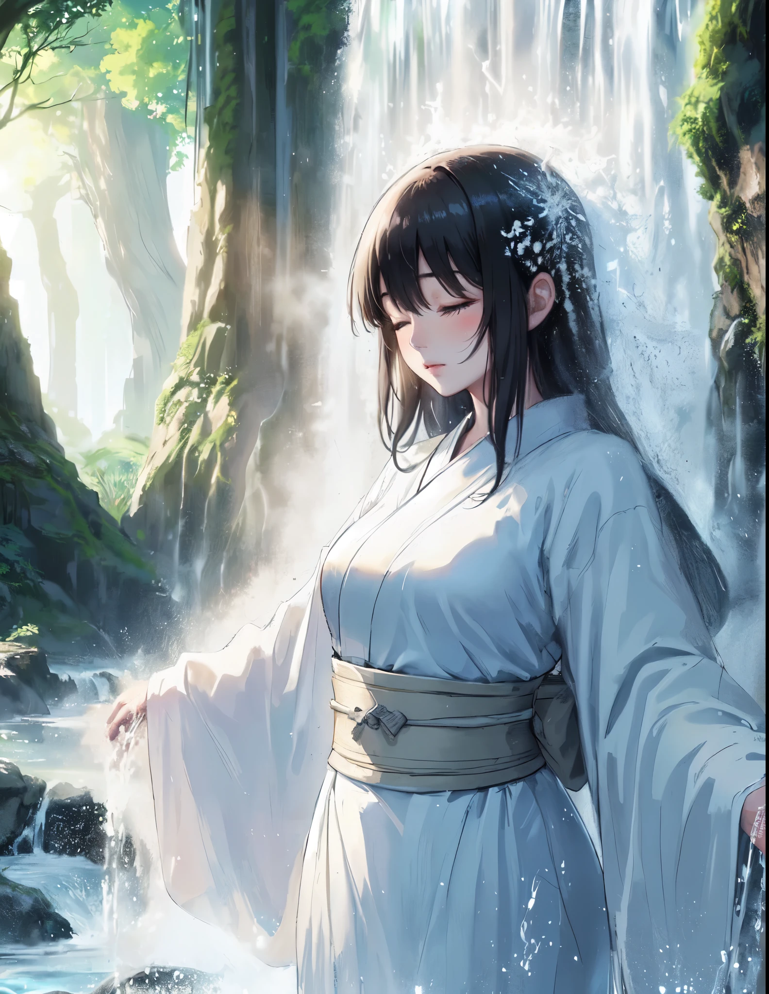 1lady solo, (standing under waterfall), (facing down), kimono (pure white robe:1.1), mature female, /(black hair/) (straight hair) bangs, blush (eyes lightly closed:1.1), (masterpiece best quality:1.2) delicate illustration ultra-detailed, large breasts BREAK (waterfall) outdoors, sacred spot, splash, mossy rocks, ancient tree, (waterfall sparkle in the sunlight), detailed background