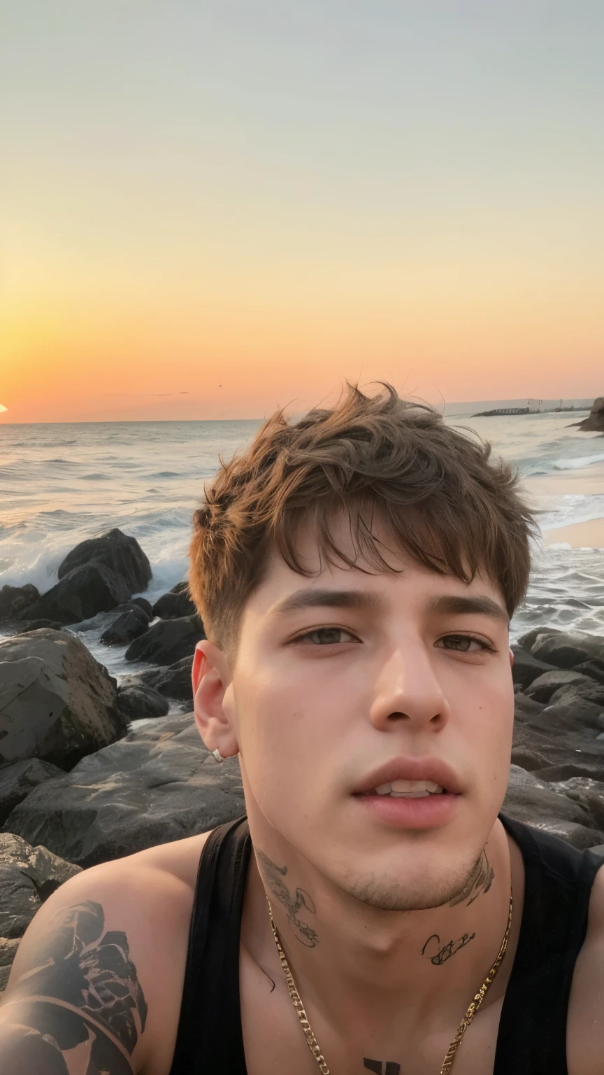 Jeon jungkook em uma praia com um por do sol, camiseta preta, cabelos castanhos. 