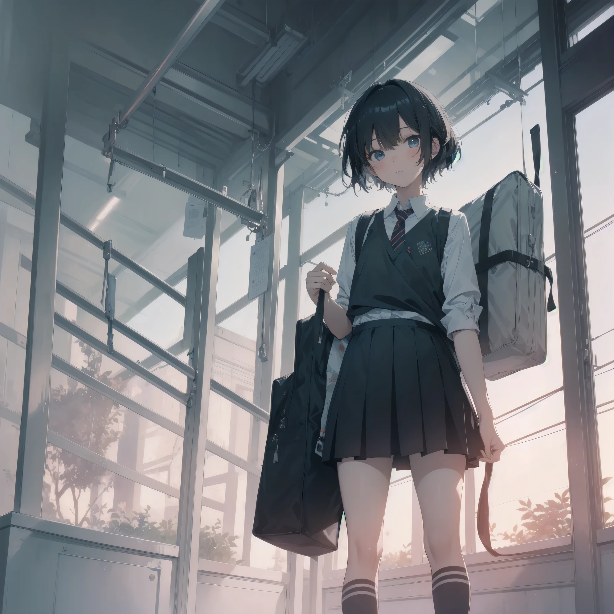 Super absurd quality by the god of art, super detailed, High resolution, artist:Fujiyama, artist:Sekiya_Asami, pixiv contest winner, perfect anatomy, break,(眠そうにalone学校へ行く女の子を描いてください. )break,1 girl, (alone,little woman, baby face, 13 years old:1.3),All limbs, full finger,, The charm of an immature body, (very_short hair), bangs, flat chest, small ass, between legs, small black eyes, detailed and beautiful eyes, Well-proportioned iris and pupils, expressive eyes, sleepy eyes, High resolutionの詳細な髪, neck ribbon, skirt, collared shirt, pleated skirt, school uniform, school bag,(detailed lighting), (detailed background), On the way to school. break,super dense skin, Best cinematic lighting powered by famous artist, 8k,cute illustration,photoshop_(Moderate),Absurd Hi-Res,Hmm,rough skin