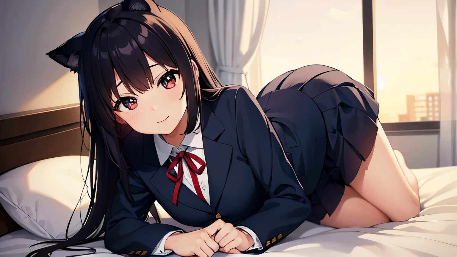1girl, (((​masterpiece))),(((full body))), wallpaper HD, top-quality, top-quality, High Details, nakano azusa, 1girl, Sakuragaoka High School Uniform, student clothes, black cat ear, (((black cat ear))), Twin-tailed, length hair, A dark-haired, brown-eyed, solo, reddish, Dark blue blazer with thin red ribbon, Solid white buttoned shirt under blazer, sleep on the bed, illustratio, comic strip, soothing tones, Subdued Color, Soft cinematic light, adobe lightroom, photolab, HDR, intricately and hyper-detailed、(((depth of fields))))。(((​masterpiece)))。(((top-quality))).)((ultra-detailliert)))。(((illustratio)))。(((takeout))).dynamic focus.big breasts.(((home))).(((A bedroom))).(((Face of happiness))). open smile mouth.(((up chest))).((morning glow)).((the setting sun)).