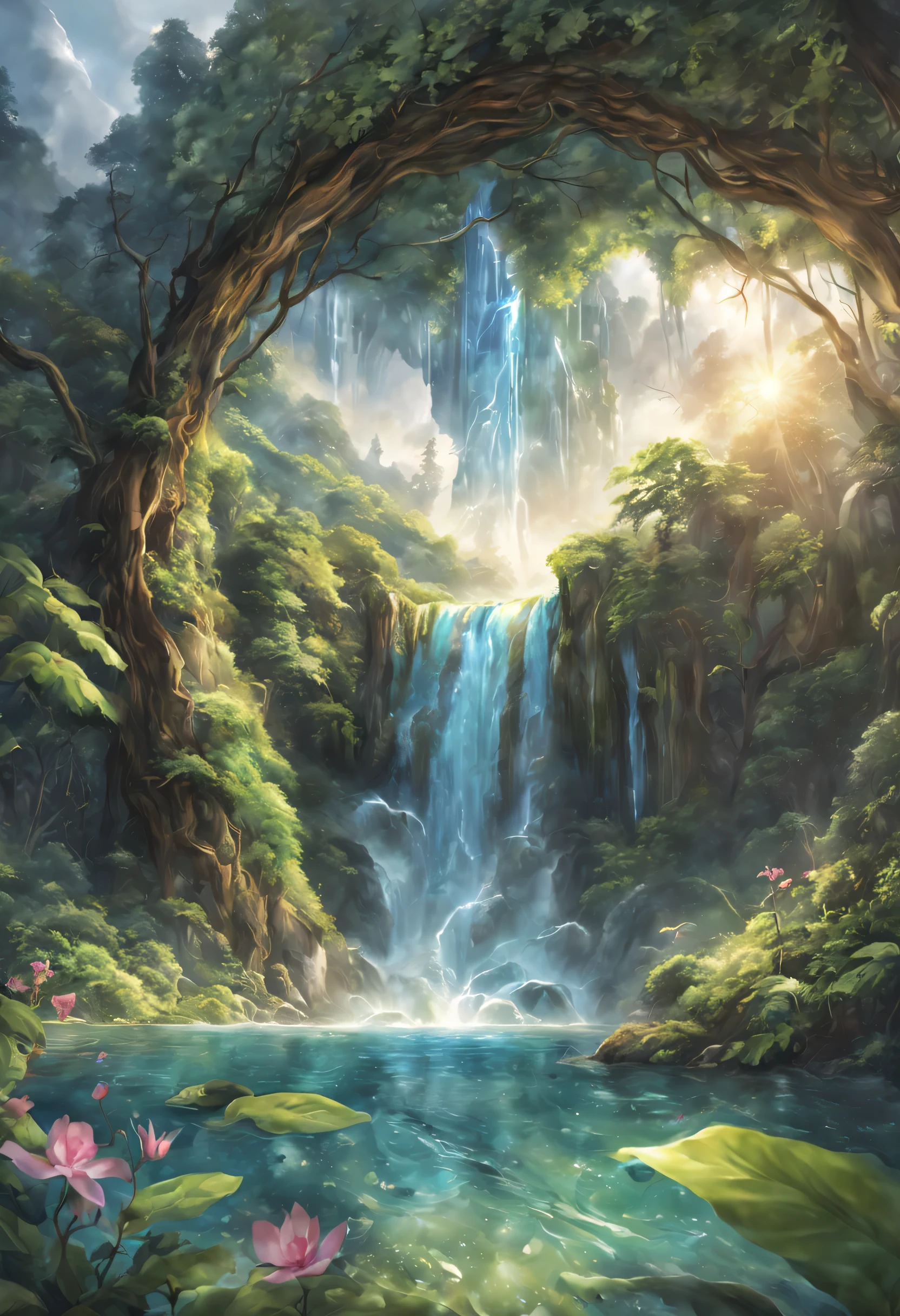Draw a waterfall where the dragon god lives,A dragon god with only his face exposed from the basin of a waterfall.,white dragon,huge waterfall,waterfall close-up,big waterfall,Abundant water,tall waterfalls,dynamic,fantasy,Nice views,lush green,beautiful空,hydrogen ion,light effect,highest quality,masterpiece,beautiful,splash of water,pure water,Sparkling,beautiful光と影,fantasy,digital art,Japanese painting elements,ink painting elements