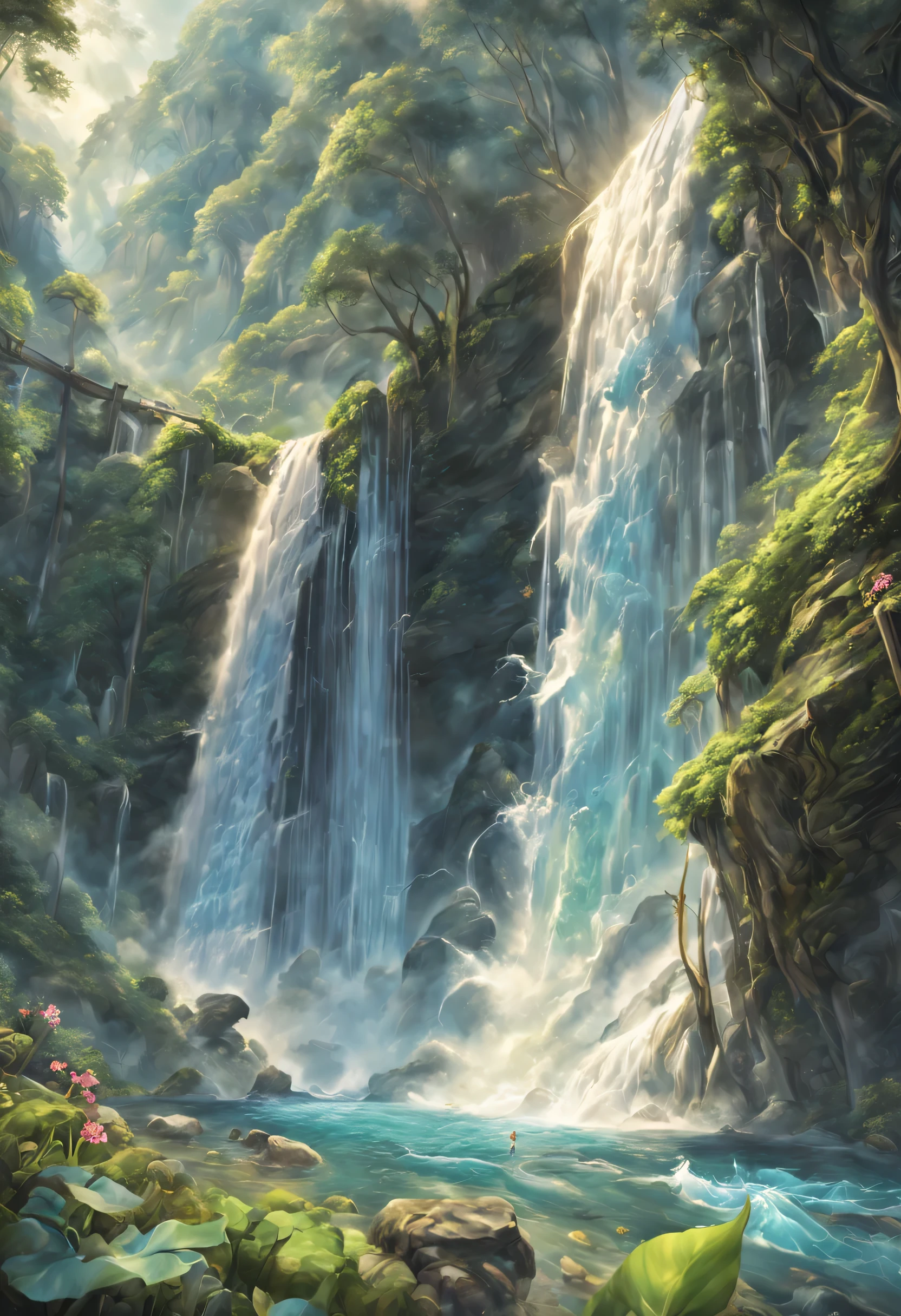 Draw a waterfall where the dragon god lives,A dragon god with only his face exposed from the basin of a waterfall.,white dragon,huge waterfall,waterfall close-up,big waterfall,Abundant water,tall waterfalls,dynamic,fantasy,Nice views,lush green,beautiful空,hydrogen ion,light effect,highest quality,masterpiece,beautiful,splash of water,pure water,Sparkling,beautiful光と影,fantasy,digital art,Japanese painting elements,ink painting elements