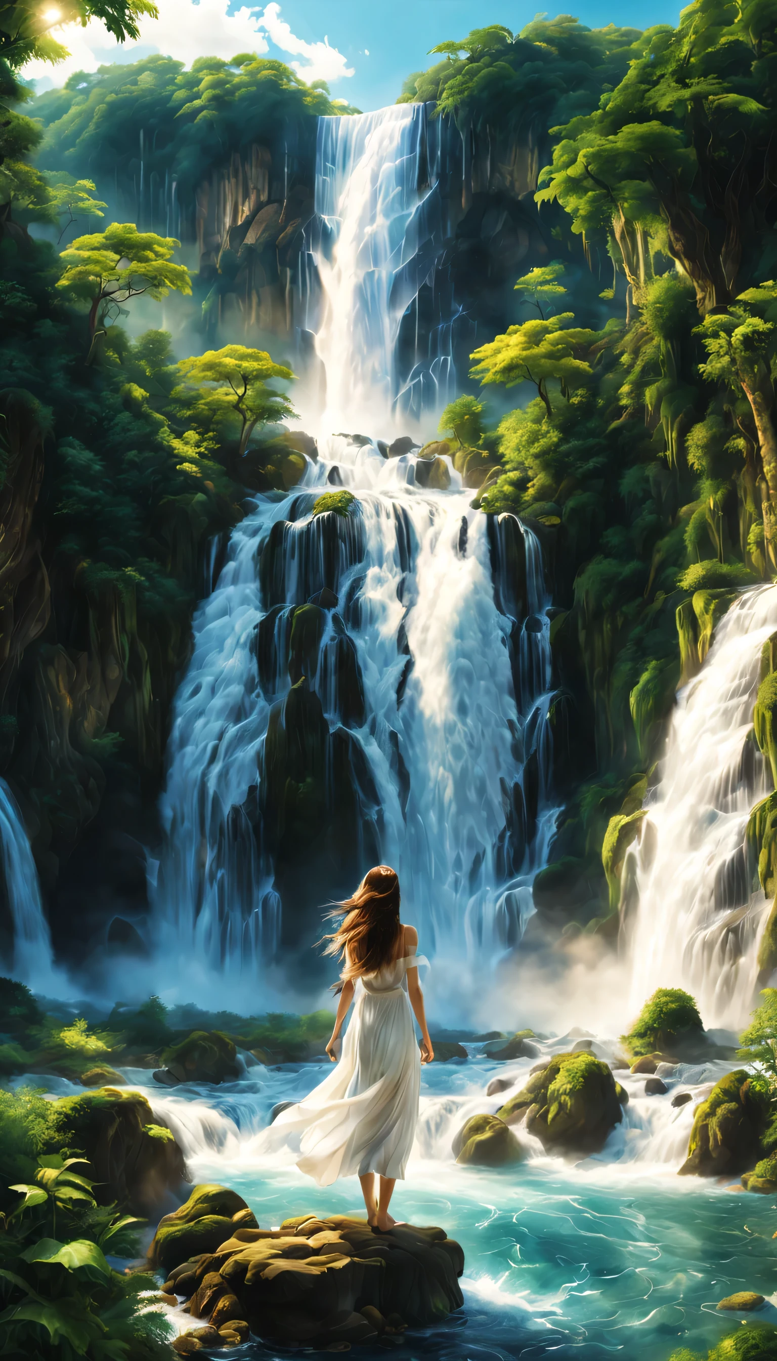 Draw a waterfall where the dragon god lives,A dragon god with only his face exposed from the basin of a waterfall.,white dragon,huge waterfall,waterfall close-up,big waterfall,Abundant water,tall waterfalls,dynamic,fantasy,Nice views,lush green,beautiful空,hydrogen ion,light effect,highest quality,masterpiece,beautiful,splash of water,pure water,Sparkling,beautiful光と影,fantasy,digital art,Japanese painting elements,ink painting elements