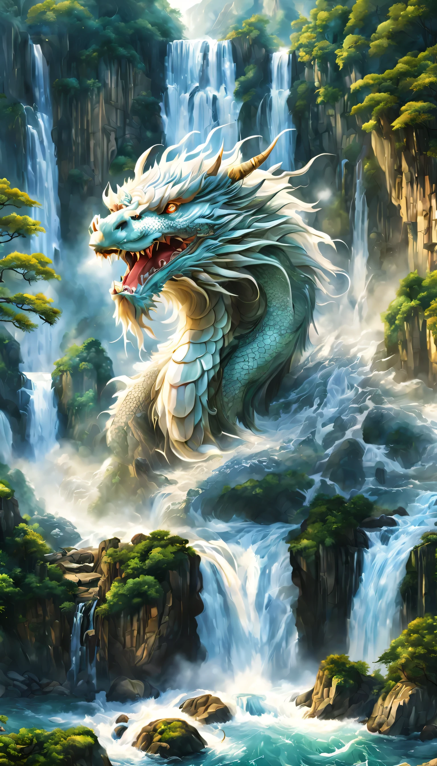 Draw a waterfall where the dragon god lives,A dragon god with only his face exposed from the basin of a waterfall.,white dragon,huge waterfall,waterfall close-up,big waterfall,Abundant water,tall waterfalls,dynamic,fantasy,Nice views,lush green,beautiful空,hydrogen ion,light effect,highest quality,masterpiece,beautiful,splash of water,pure water,Sparkling,beautiful光と影,fantasy,digital art,Japanese painting elements,ink painting elements