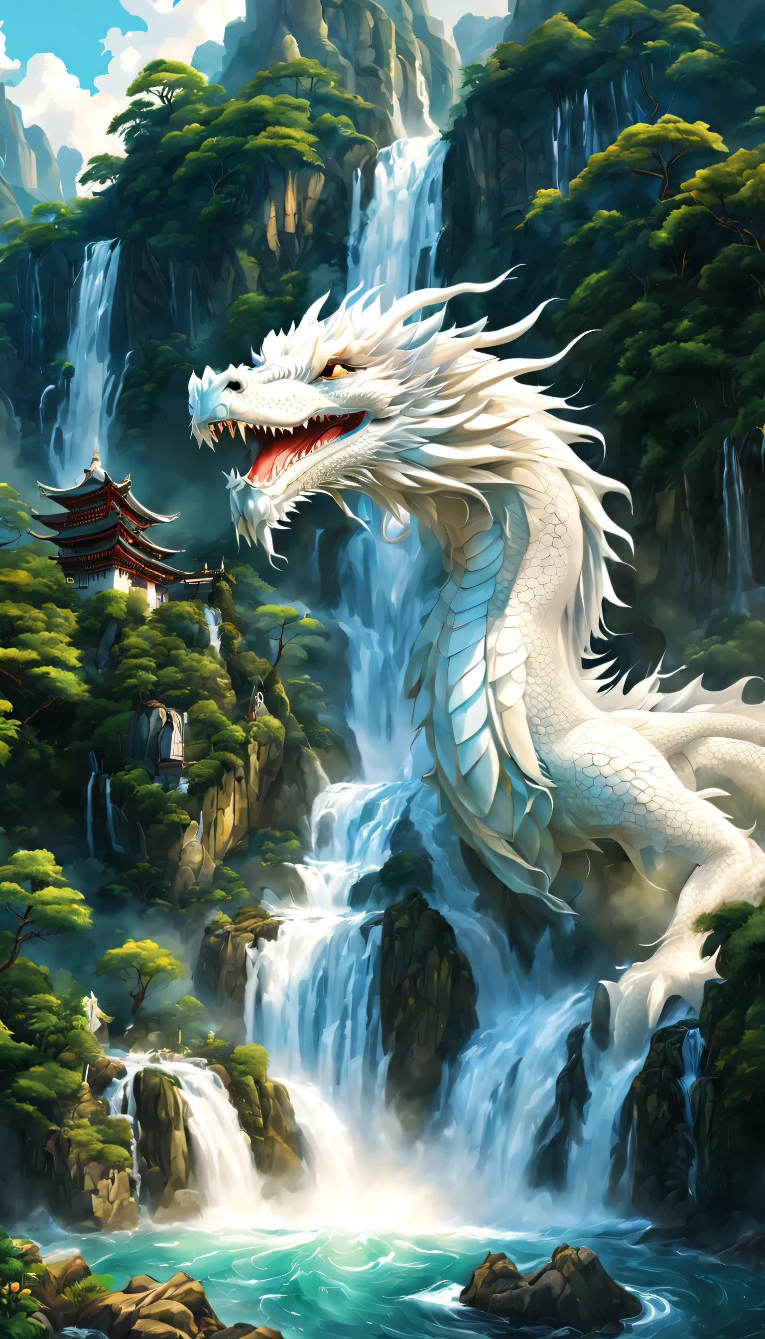 Draw a waterfall where the dragon god lives,A dragon god with only his face exposed from the basin of a waterfall.,white dragon,huge waterfall,waterfall close-up,big waterfall,Abundant water,tall waterfalls,dynamic,fantasy,Nice views,lush green,beautiful空,hydrogen ion,light effect,highest quality,masterpiece,beautiful,splash of water,pure water,Sparkling,beautiful光と影,fantasy,digital art,Japanese painting elements,ink painting elements