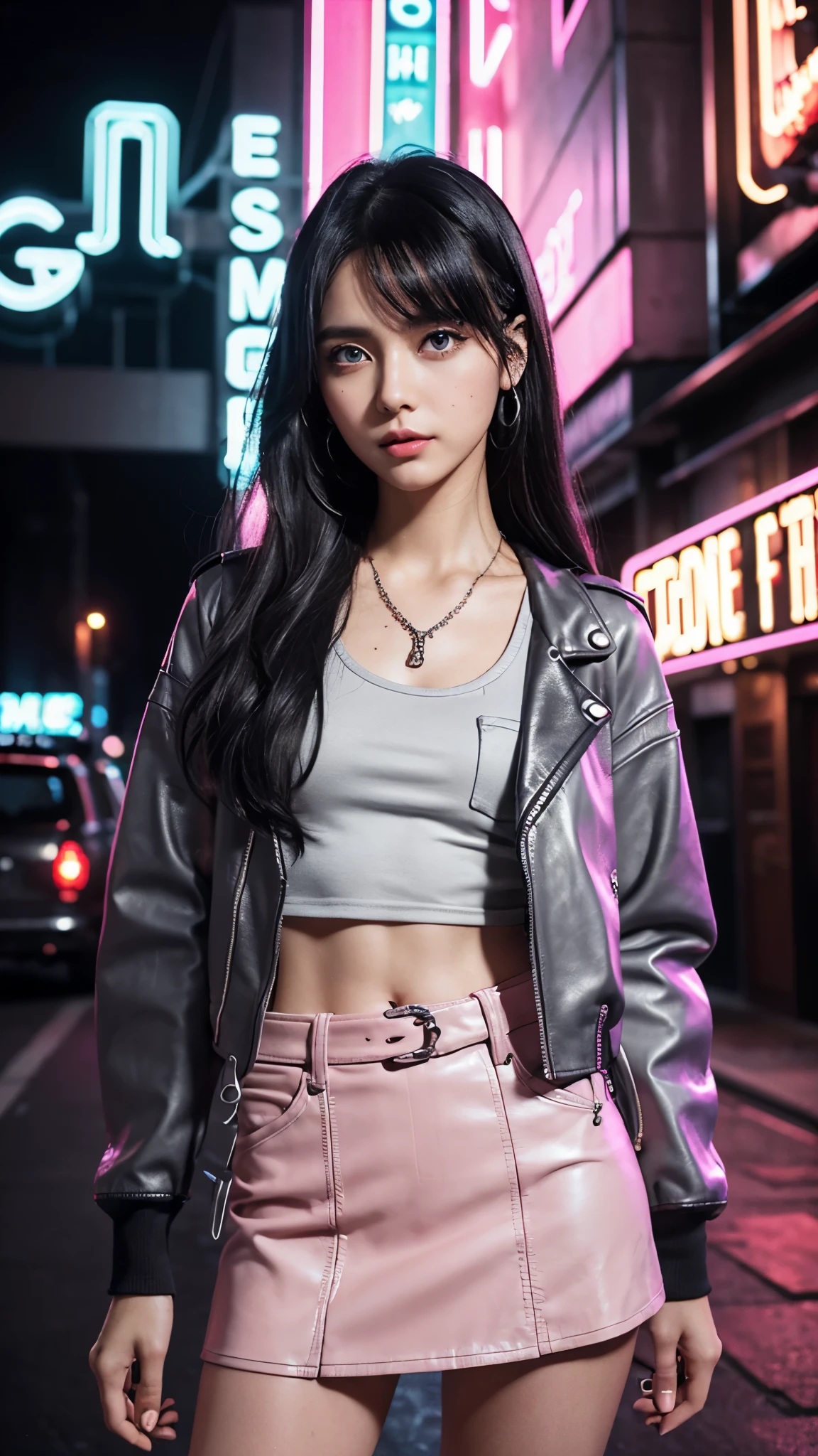 (Ultra-detailed eyes), (((textile shading))), (((Best Quality))), (((masutepiece))), (((Ultra-detailed CG))), sassy girl, (((magical ))), (), (tiny chest), black hair, black hair, black hair, black hair, chic hairstyle, ((messy hair without bangs, gorgeous hair)), Pink eyes, (((retro futuristic Outfits))), ((spooky punk a pose)), (((Game CG)) (gorgeous, sassy, it girl), fancy jewelry, in front of theater building with an electronic neon sign, strong night atmosphere, strong retro atmosphere, cowboy shot, midshot, centered image, eye on camera, grey and pink leather jacket, Monogram Spaghetti Tank Top, Cargo-pocket Mini Skirt, elegant color