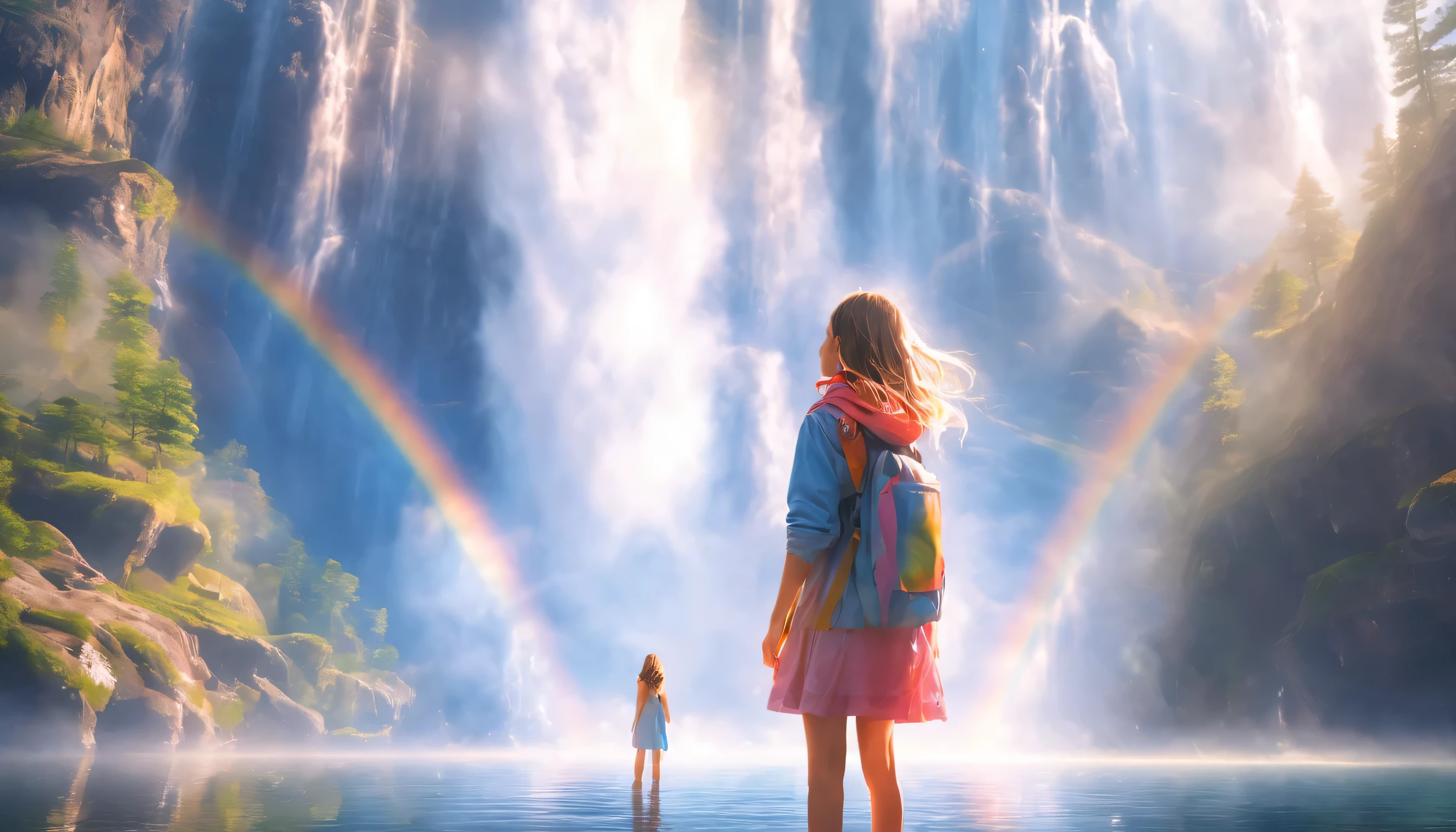 low angle view,The girl standing in front of the huge waterfall looks up,water vapor rising,rainbow,sun glare spots,realistic raytracing,True light reflection,real light refraction,Ultra-fine,Surreal,Super dreamy,extreme portrayal,8k,masterpiece,