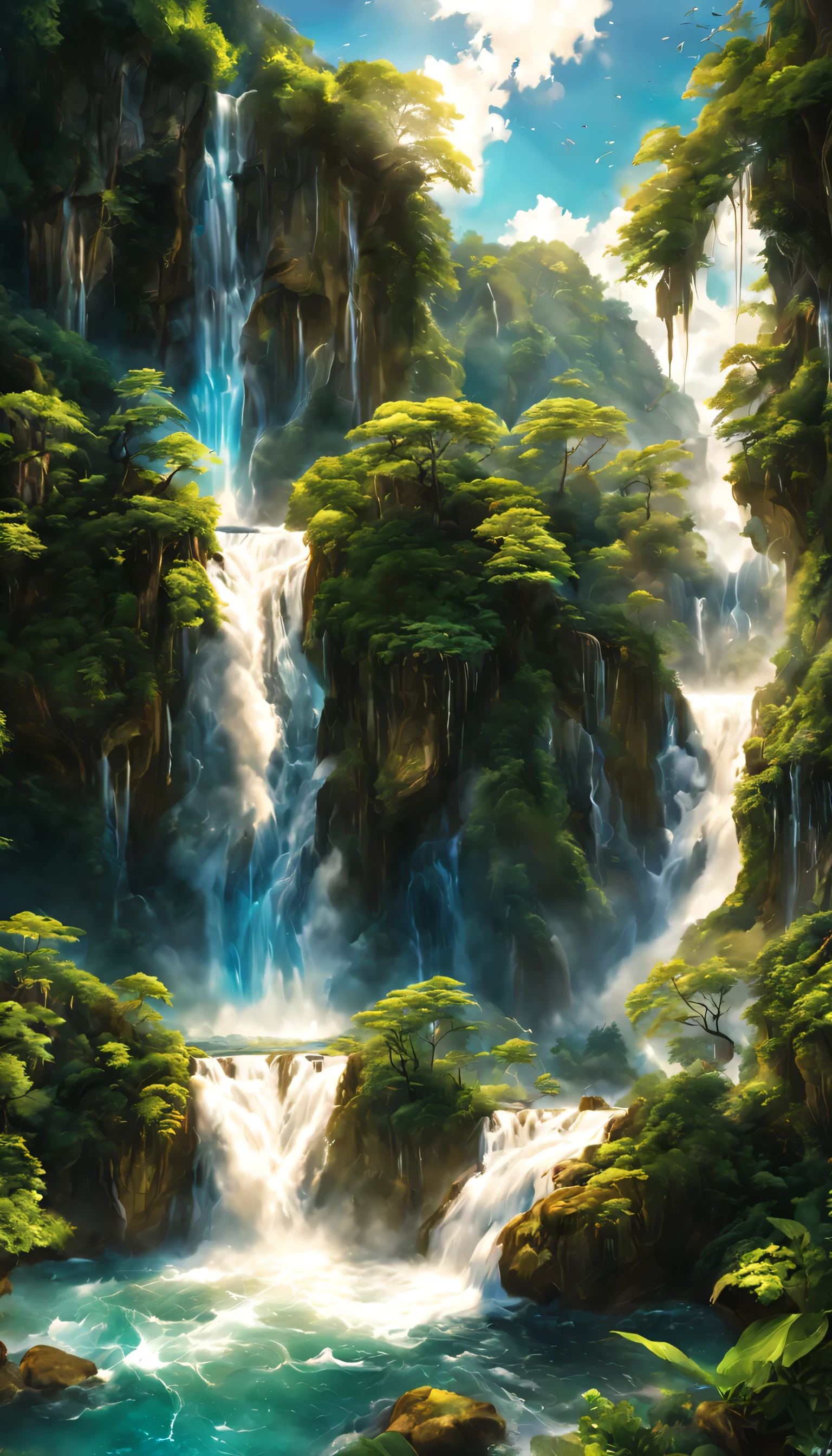 Draw a waterfall where the dragon god lives,A dragon god with only his face exposed from the basin of a waterfall.,white dragon,huge waterfall,waterfall close-up,big waterfall,Abundant water,tall waterfalls,dynamic,fantasy,Nice views,lush green,beautiful空,hydrogen ion,light effect,highest quality,masterpiece,beautiful,splash of water,pure water,Sparkling,beautiful光と影,fantasy,digital art,Japanese painting elements,ink painting elements