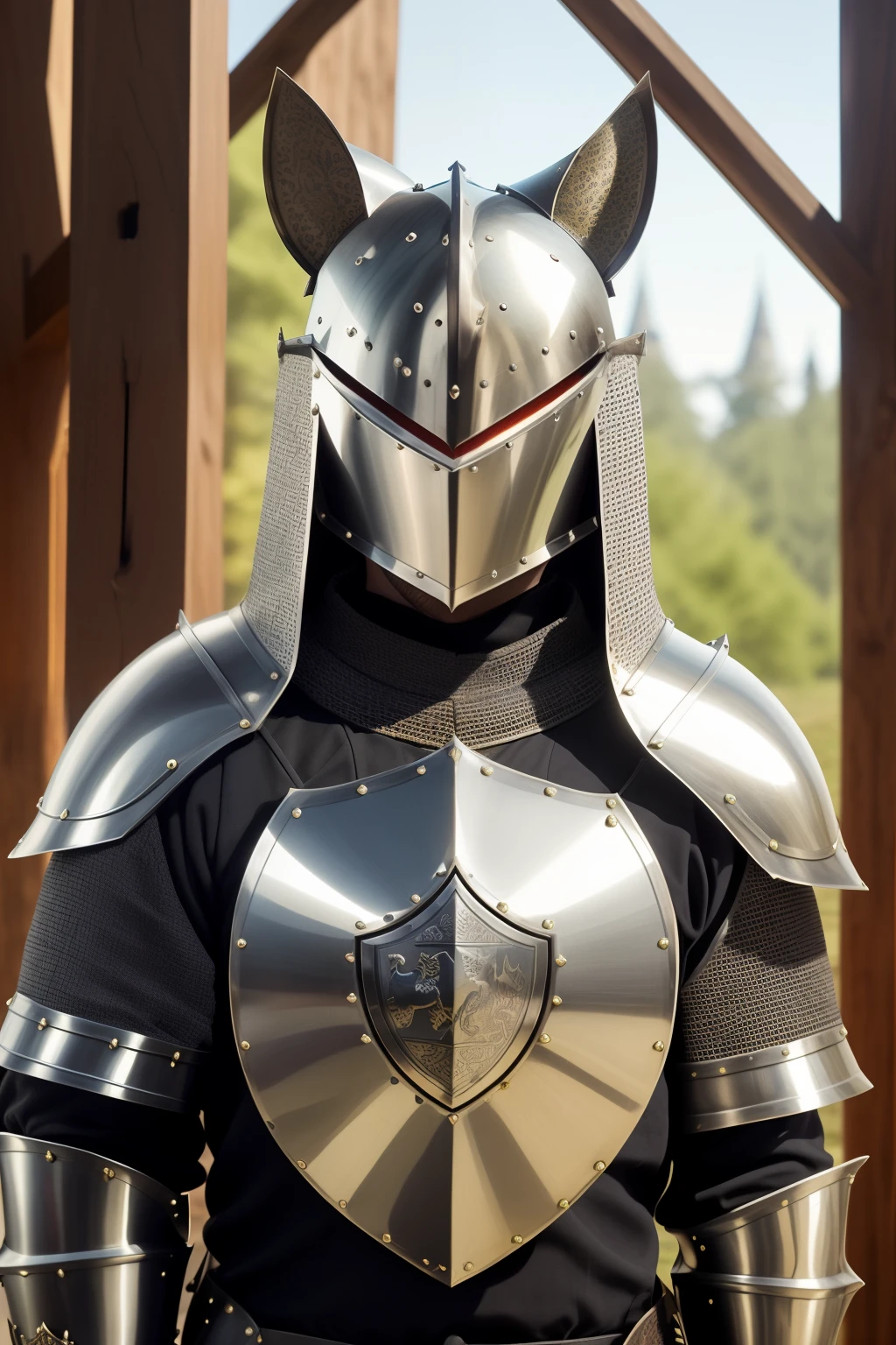 Medieval-inspired wildcat, (four-sided view: 1.1), (detailed armor plating: 1.3), intricately designed, knightly motifs adorned, regal and majestic, halo effect from the sunlight shining through, hyper-realistic textures, cinematic shot, vignette, centered, medieval tapestry background, noble and fierce, claws sharpened, worthy of a king's menagerie.