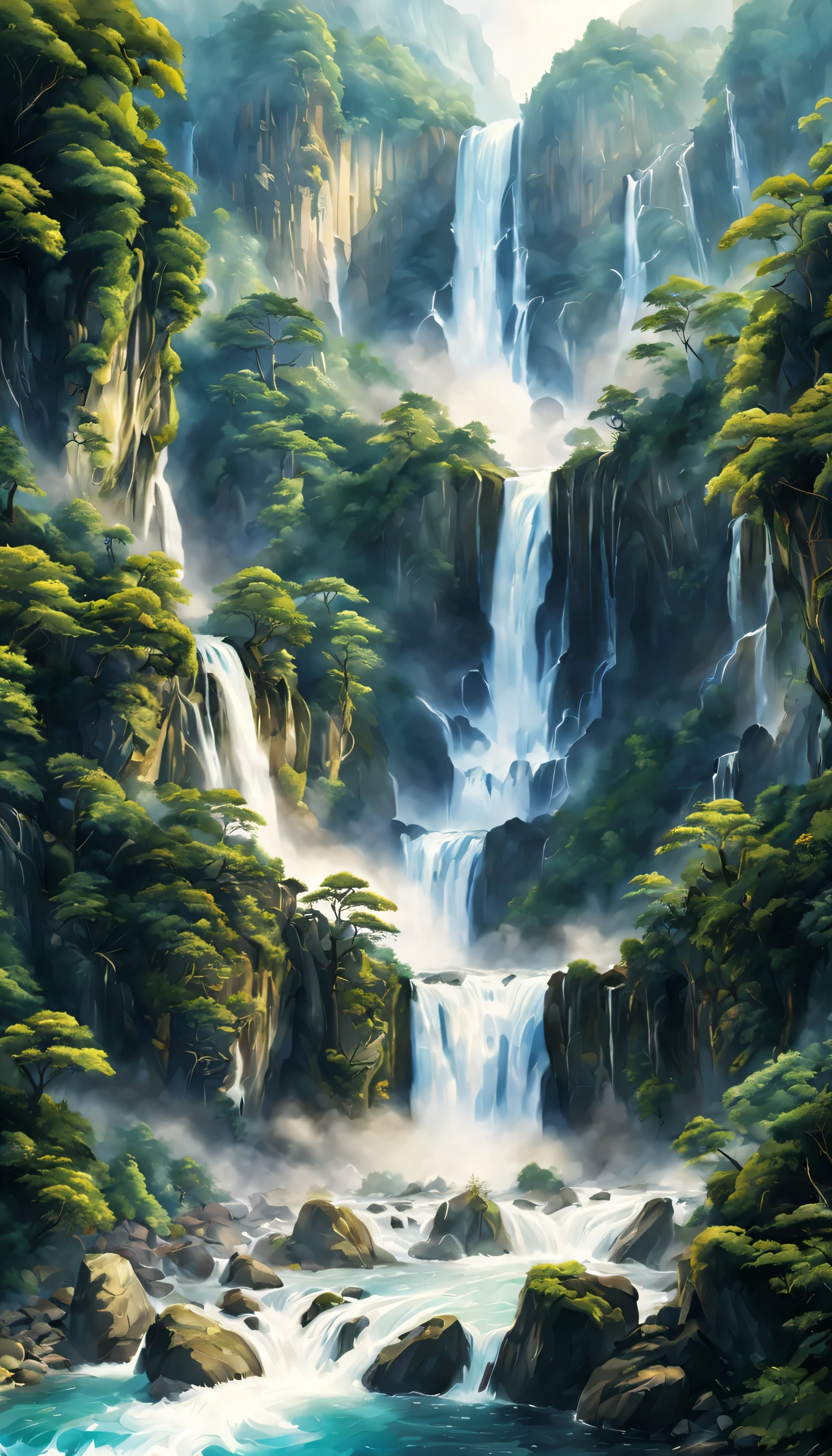 Draw the waterfall where Ryujin lives,Ryujin,white dragon,huge waterfall,waterfall close-up,big waterfall,Abundant water,tall waterfalls,dynamic,fantasy,Nice views,lush green,beautiful空,hydrogen ion,light effect,highest quality,masterpiece,beautiful,splash of water,pure water,Sparkling,beautiful光と影,fantasy,digital art,Japanese painting elements,ink painting elements