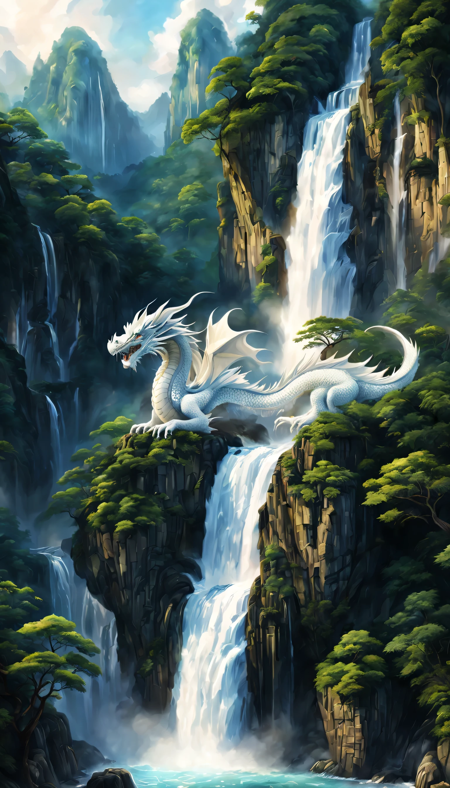 Draw a waterfall where the dragon god lives,A dragon god with only his face exposed from the basin of a waterfall.,white dragon,huge waterfall,waterfall close-up,big waterfall,Abundant water,tall waterfalls,dynamic,fantasy,Nice views,lush green,beautiful空,hydrogen ion,light effect,highest quality,masterpiece,beautiful,splash of water,pure water,Sparkling,beautiful光と影,fantasy,digital art,Japanese painting elements,ink painting elements