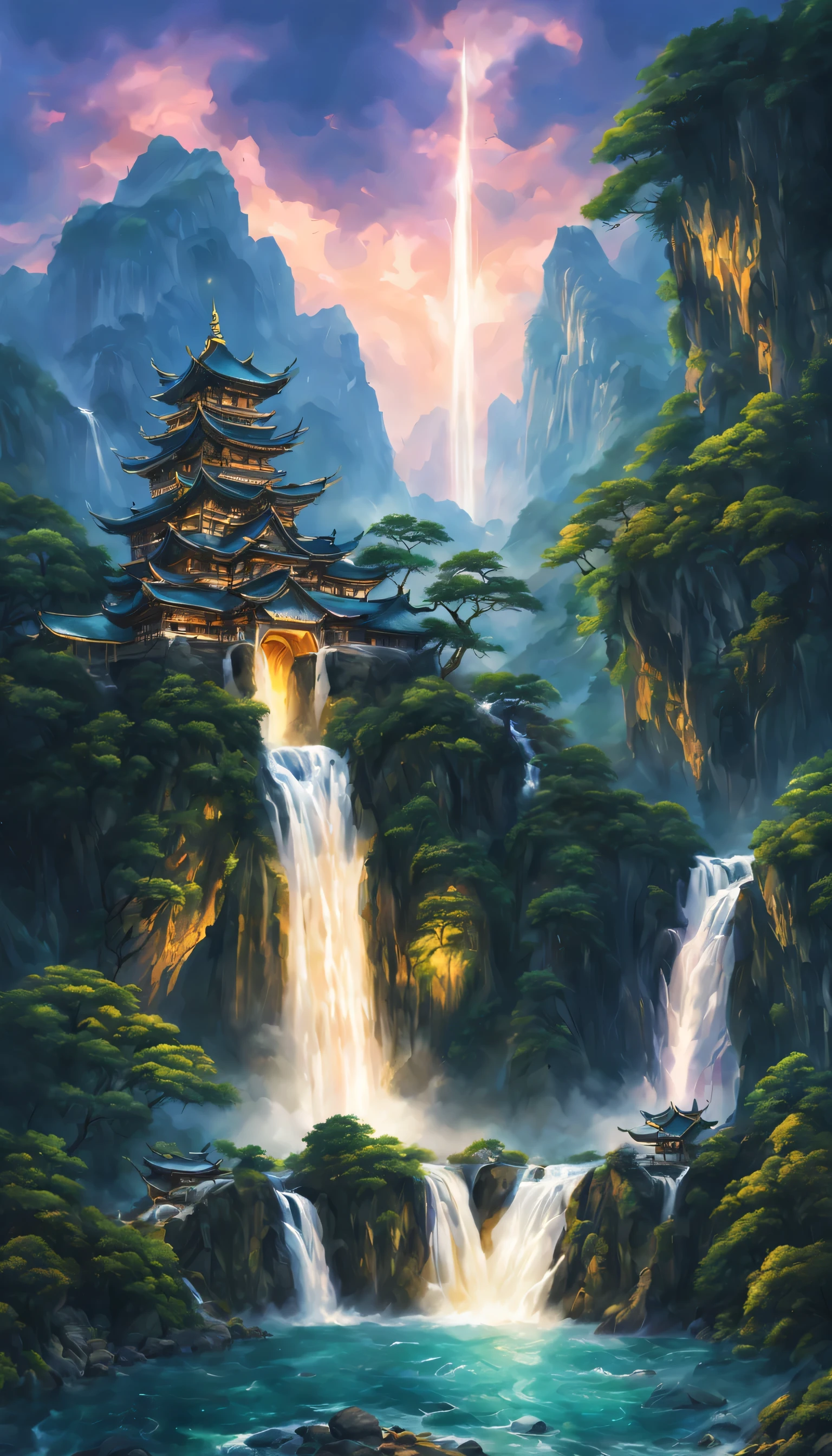 Draw a waterfall where the dragon god lives,A dragon god with only his face exposed from the basin of a waterfall.,white dragon,huge waterfall,waterfall close-up,big waterfall,Abundant water,tall waterfalls,dynamic,fantasy,Nice views,lush green,beautiful空,hydrogen ion,light effect,highest quality,masterpiece,beautiful,splash of water,pure water,Sparkling,beautiful光と影,fantasy,digital art,Japanese painting elements,ink painting elements