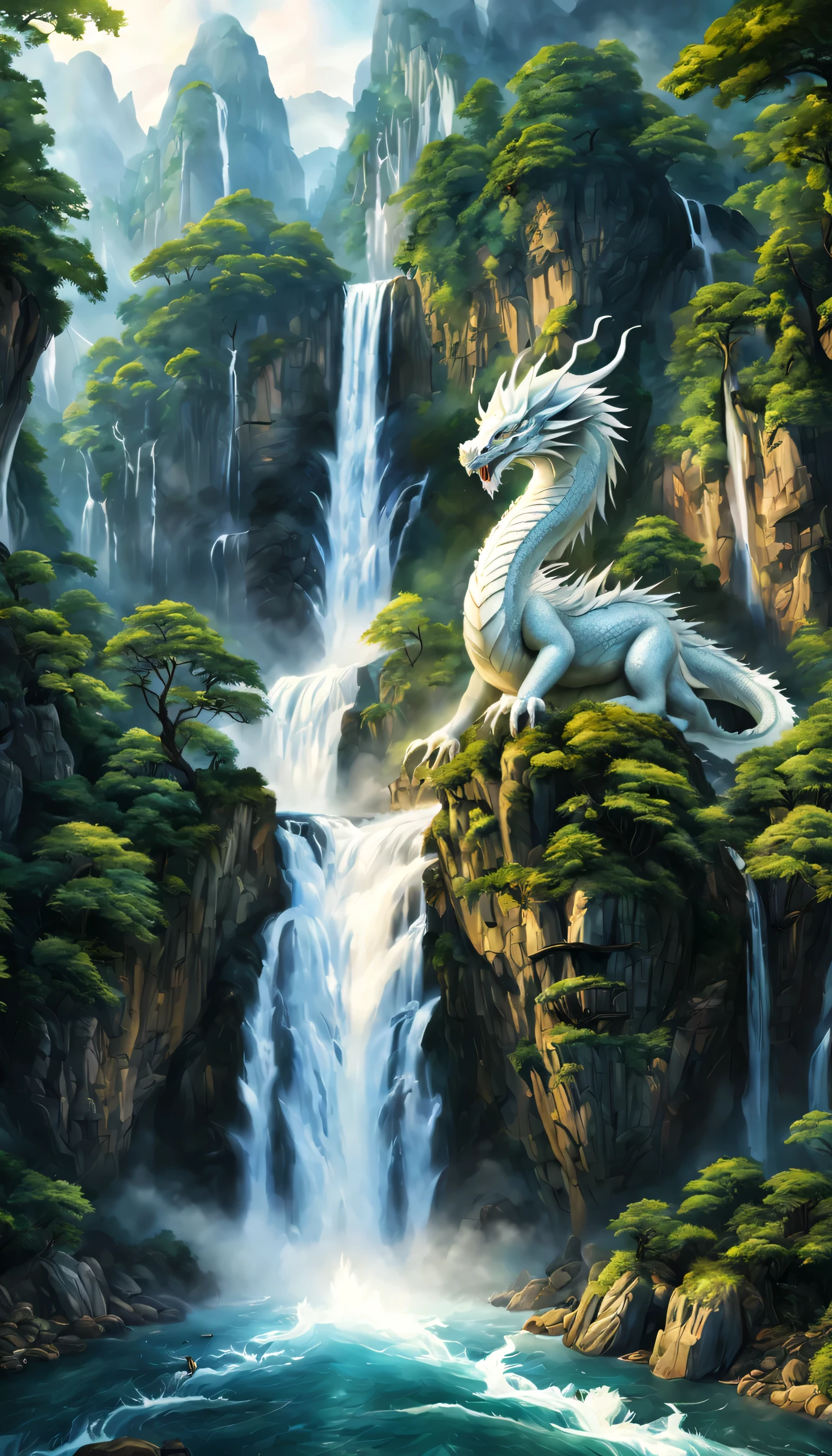 Draw a waterfall where the dragon god lives,A dragon god with only his face exposed from the basin of a waterfall.,white dragon,huge waterfall,waterfall close-up,big waterfall,Abundant water,tall waterfalls,dynamic,fantasy,Nice views,lush green,beautiful空,hydrogen ion,light effect,highest quality,masterpiece,beautiful,splash of water,pure water,Sparkling,beautiful光と影,fantasy,digital art,Japanese painting elements,ink painting elements