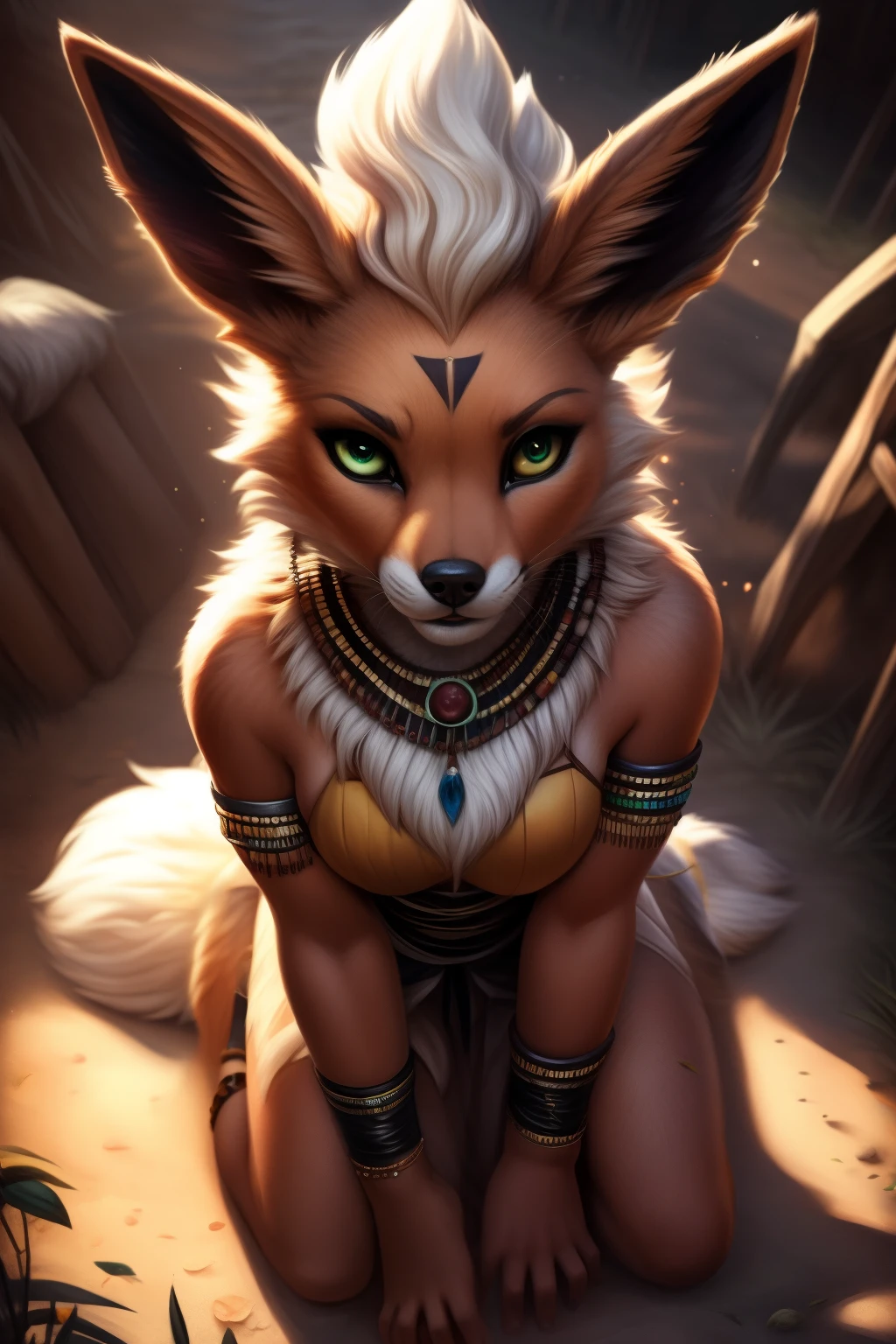 a woman with a furry head and a necklace on her chest, anthro art, a beautiful fox lady, furry fantasy art, portrait of an anthro fox, very very beautiful furry art, an anthro fox, samira from league of legends, art of silverfox, female fox, 8k high quality detailed art, anthropomorphic fox, lying down on knees pose, flareon furry, big green eyes( big black pupils,green iris,yellow sclera),yellow lion's mane,african tribal clothes,vivid colors, africa's savannah river scenario, very accurate, realistic fur,