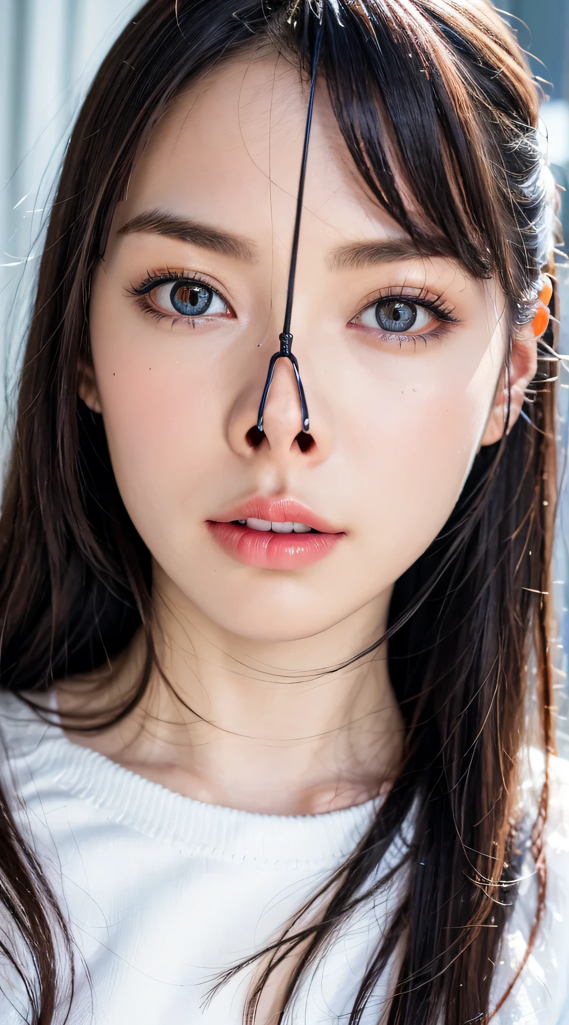 Fashion trendy beautiful and attractive woman, ,(Top quality realistic textured skin:1.4), fine eyes, detailed face, high quality eyes, focus the eyes clearly, nose and mouth,face focus, Super close up of face gentle and charming Chinese beautiful woman, delicate and sexy clavicle, attractive oval face, double eyelid, Smart peach blossom eyes, pink lips, small nose, bare shoulders, focus on the face, close up of face, ultra high resolution, Super detailed, full body photo, Ultra thin and transparent, The white off-shoulder shirt and light blue slit skirt go great together.., fresh and good, And see through,cinematic lighting,rim light,(shortcut)