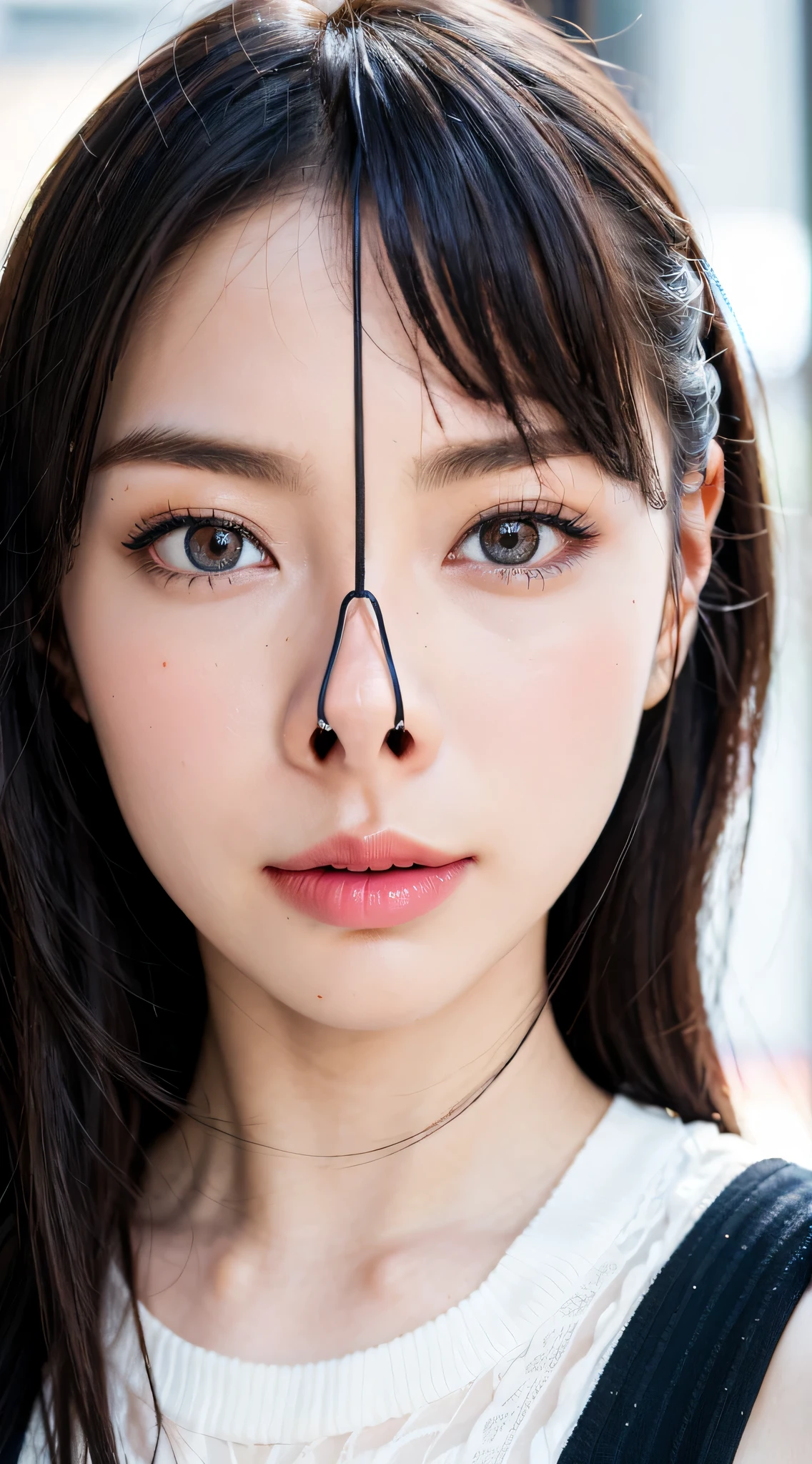 Fashion trendy beautiful and attractive woman, ,(Top quality realistic textured skin:1.4), fine eyes, detailed face, high quality eyes, focus the eyes clearly, nose and mouth,face focus, Super close up of face gentle and charming Chinese beautiful woman, delicate and sexy clavicle, attractive oval face, double eyelid, Smart peach blossom eyes, pink lips, small nose, bare shoulders, focus on the face, close up of face, ultra high resolution, Super detailed, full body photo, Ultra thin and transparent, The white off-shoulder shirt and light blue slit skirt go great together.., fresh and good, And see through,cinematic lighting,rim light,(shortcut)