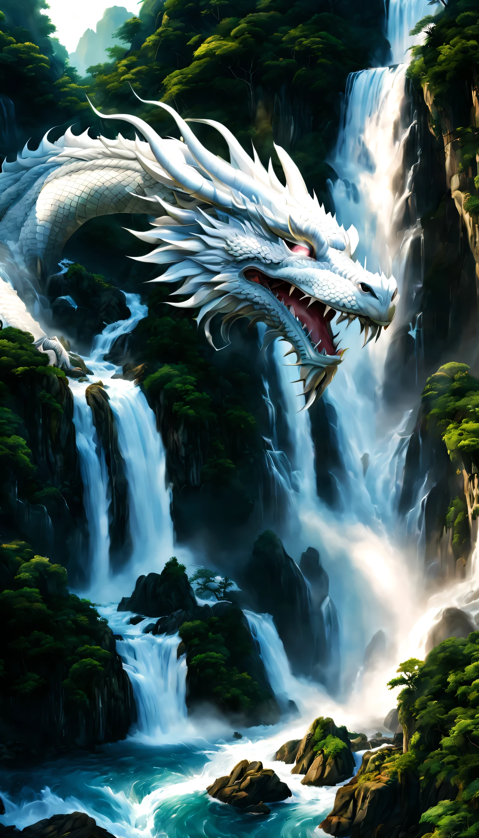 Draw a waterfall where the dragon god lives,A dragon god with only his face exposed from the basin of a waterfall.,white dragon,huge waterfall,waterfall close-up,big waterfall,Abundant water,tall waterfalls,dynamic,fantasy,Nice views,lush green,beautiful空,hydrogen ion,light effect,highest quality,masterpiece,beautiful,splash of water,pure water,Sparkling,beautiful光と影,fantasy,digital art,Japanese painting elements,ink painting elements