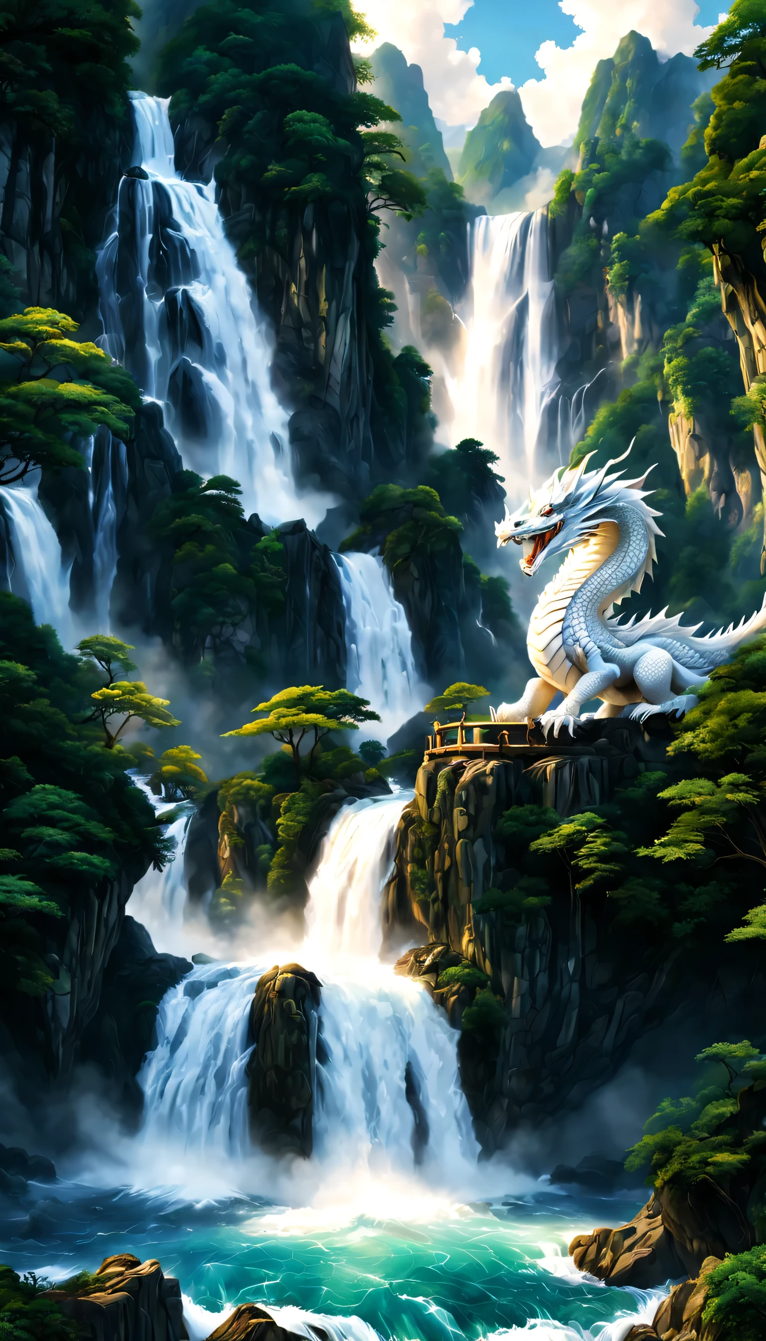 Draw a waterfall where the dragon god lives,A dragon god with only his face exposed from the basin of a waterfall.,white dragon,huge waterfall,waterfall close-up,big waterfall,Abundant water,tall waterfalls,dynamic,fantasy,Nice views,lush green,beautiful空,hydrogen ion,light effect,highest quality,masterpiece,beautiful,splash of water,pure water,Sparkling,beautiful光と影,fantasy,digital art,Japanese painting elements,ink painting elements