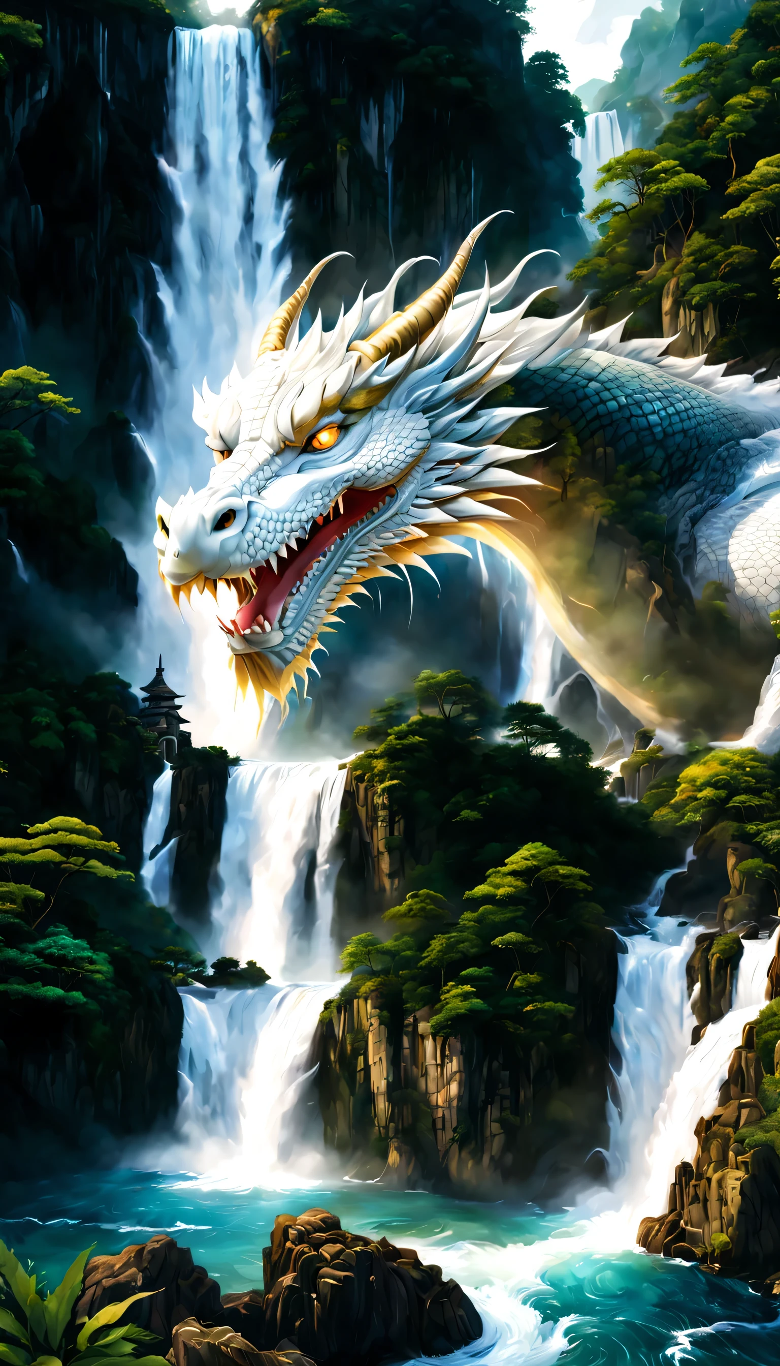 Draw a waterfall where the dragon god lives,A dragon god with only his face exposed from the basin of a waterfall.,white dragon,huge waterfall,waterfall close-up,big waterfall,Abundant water,tall waterfalls,dynamic,fantasy,Nice views,lush green,beautiful空,hydrogen ion,light effect,highest quality,masterpiece,beautiful,splash of water,pure water,Sparkling,beautiful光と影,fantasy,digital art,Japanese painting elements,ink painting elements