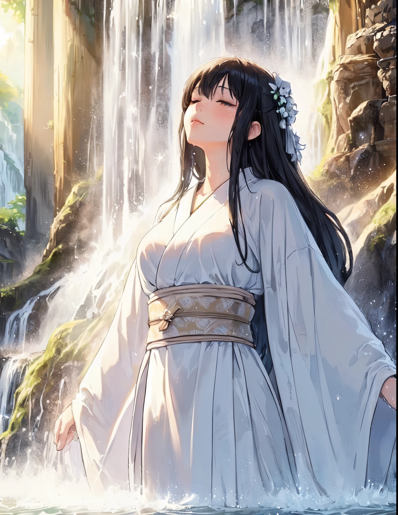 1lady solo, (standing under waterfall), (facing down), kimono (pure white robe:1.1), mature female, /(black hair/) (straight hair) bangs, blush (eyes lightly closed:1.1), (masterpiece best quality:1.2) delicate illustration ultra-detailed, large breasts BREAK (waterfall) outdoors, sacred spot, splash, rocks, (waterfall sparkle in the sunlight), detailed background