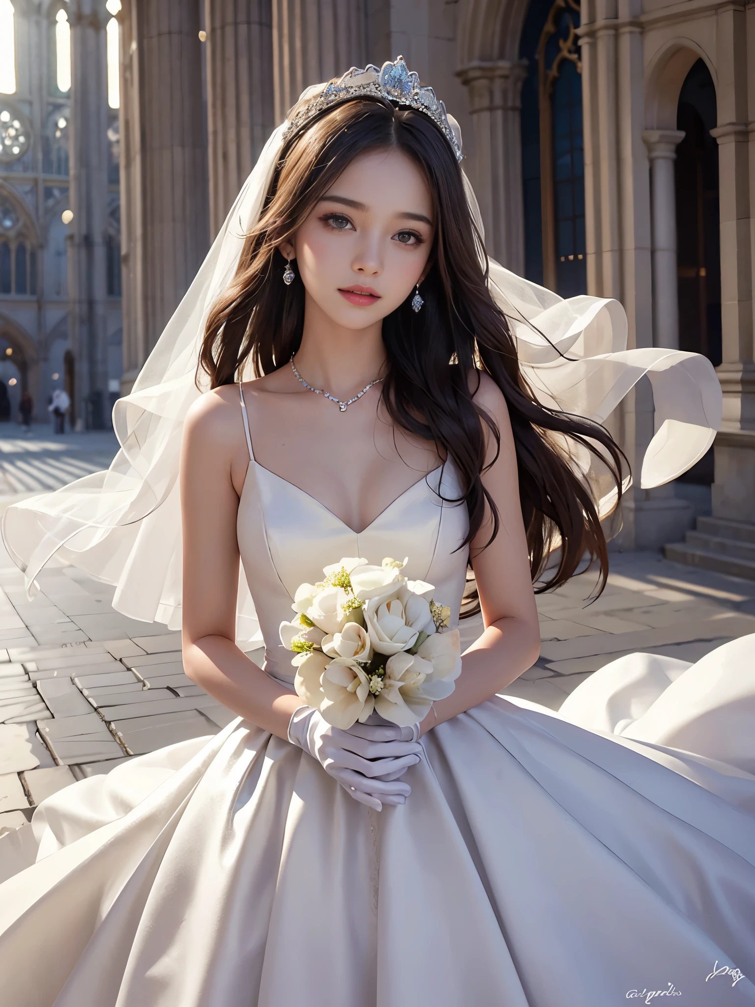 best quality, masterpiece, 1 girl, very happy, Very pretty, beautiful, cute , shiny lips, medium chest, sweet, sun glare, Conservative attire, wedding dress, bridal tiara, bouquet, white gloves, depth of field, blurred background, Cathedral Background, light particles, strong wind, head tilt, long hair,