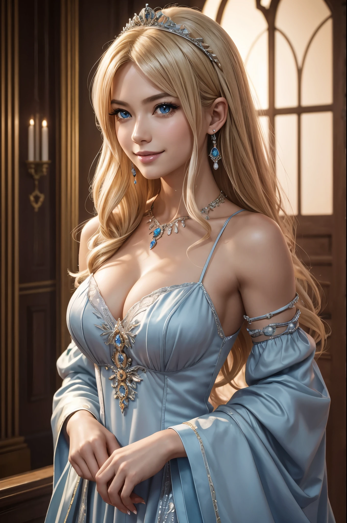 8K,Adult woman with blonde shaggy hair,Super beautiful(like the real thing), Severe, elegant, pink dress, A bewitching aristocrat with very big breasts, silver elements, long nails, bare shoulders, hairstyle, beautiful expression,blue eyes, Messy, I am proud, absurd, fine dress, royalty, celebration, hall decorated with flowers, cowboy shot, portrait, (highest quality), (table top), (very detailed), masterpiece,highest qualityのフォトリアリスティックなRAW写真。Backlight, cinematic lighting, film grain, to be born, 50mm lens, Nikon D850,super realistic skin,fantasy art,character art,ultra high resolution,Macho with a muscular slender body,perfect hands,Makeup,Bust shot close-up,smile,