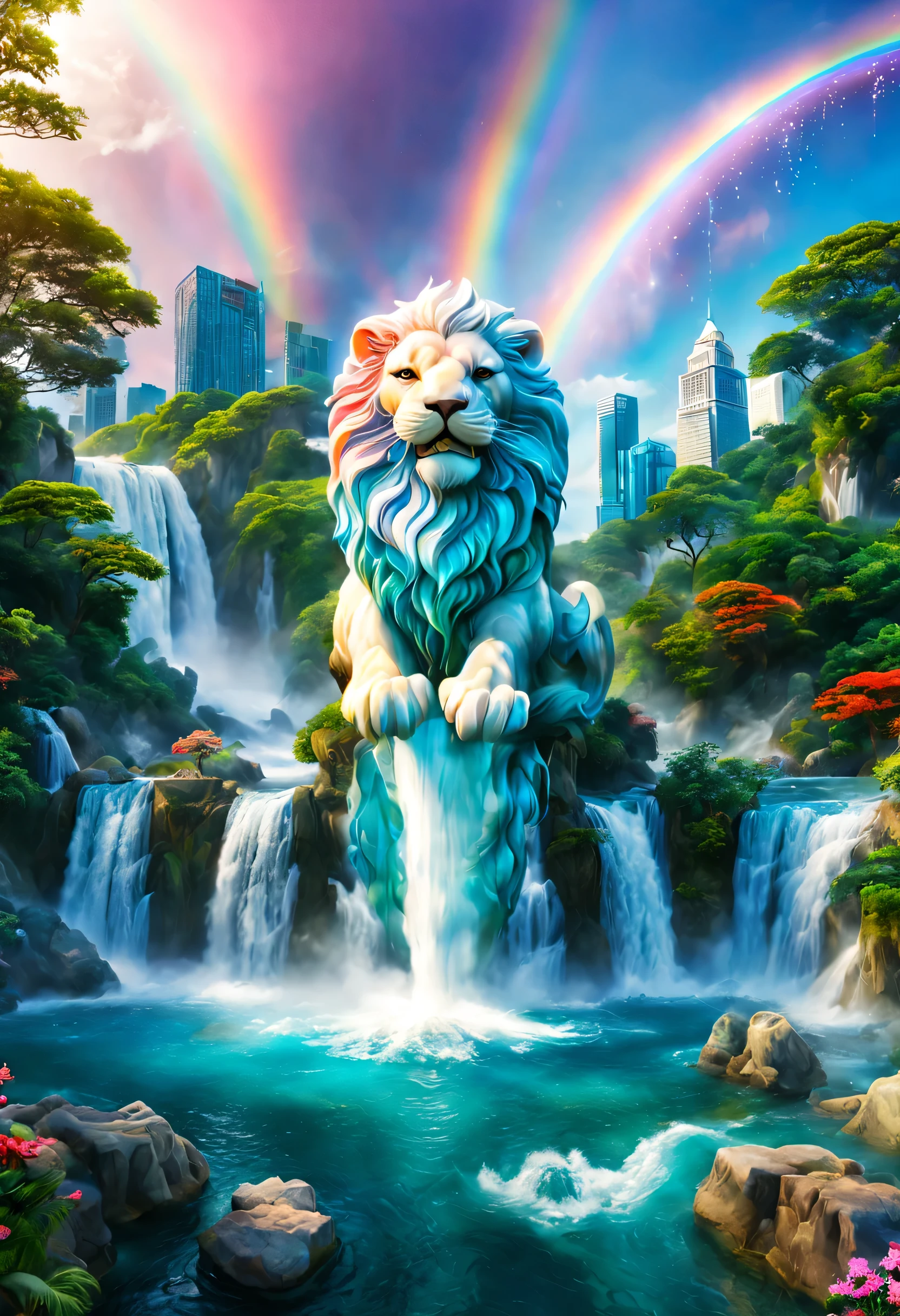 口から水を出すmerlionの石像:Origin of waterfall,merlion:A fictional animal with a lion&#39;s head and a fish&#39;s body A large amount of water,merlionの滝,超でかいmerlion,土壁に半分埋まったmerlion,nice,marble,dynamic,fantasy,Nice views,beautiful空,hydrogen ion,light effect,highest quality,masterpiece,beautiful,reality,splash of water,pure water,Sparkling,rainbow,rich colors,Cast colorful spells,beautiful光と影,