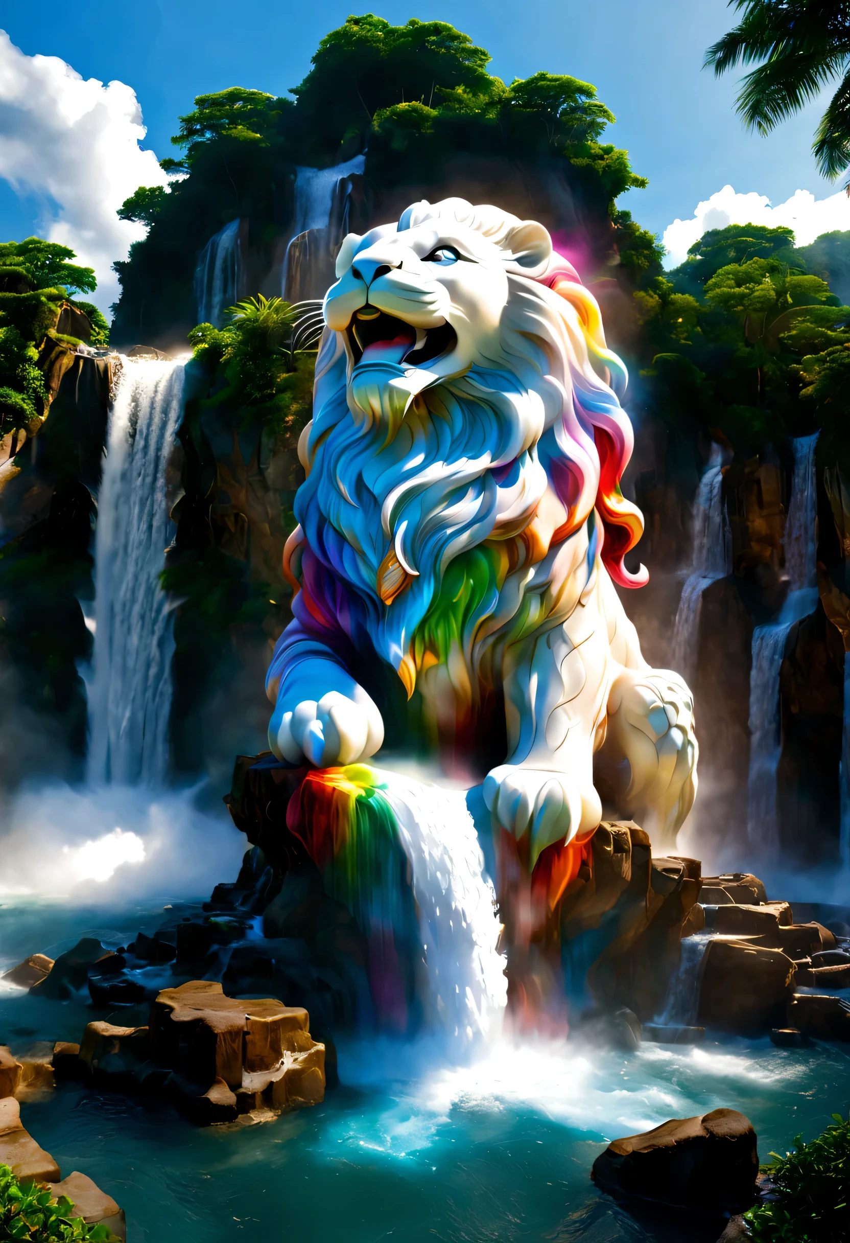 Merlion statue spouting water from its mouth,large amount of water,merlion waterfall,super big merlion,Merlion half buried in mud wall,nice,marble,dynamic,fantasy,Nice views,beautiful空,hydrogen ion,light effect,highest quality,masterpiece,beautiful,reality,splash of water,pure water,Sparkling,rainbow,rich colors,Cast colorful spells,beautiful光と影,