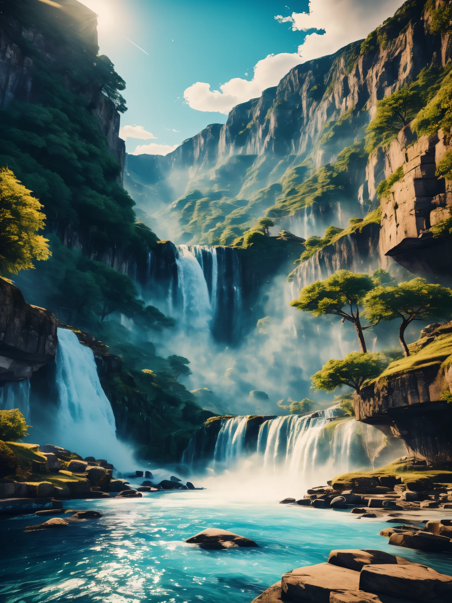 Parthenon，on the cliff，waterfall，look up，Blue water，Rendered by Octane,(masterpiece), (Extremely detailed and highest quality CG Unity 8K Wallpapers Best Best Illustrations)，photo grade，Super realistic light and shadow，halo