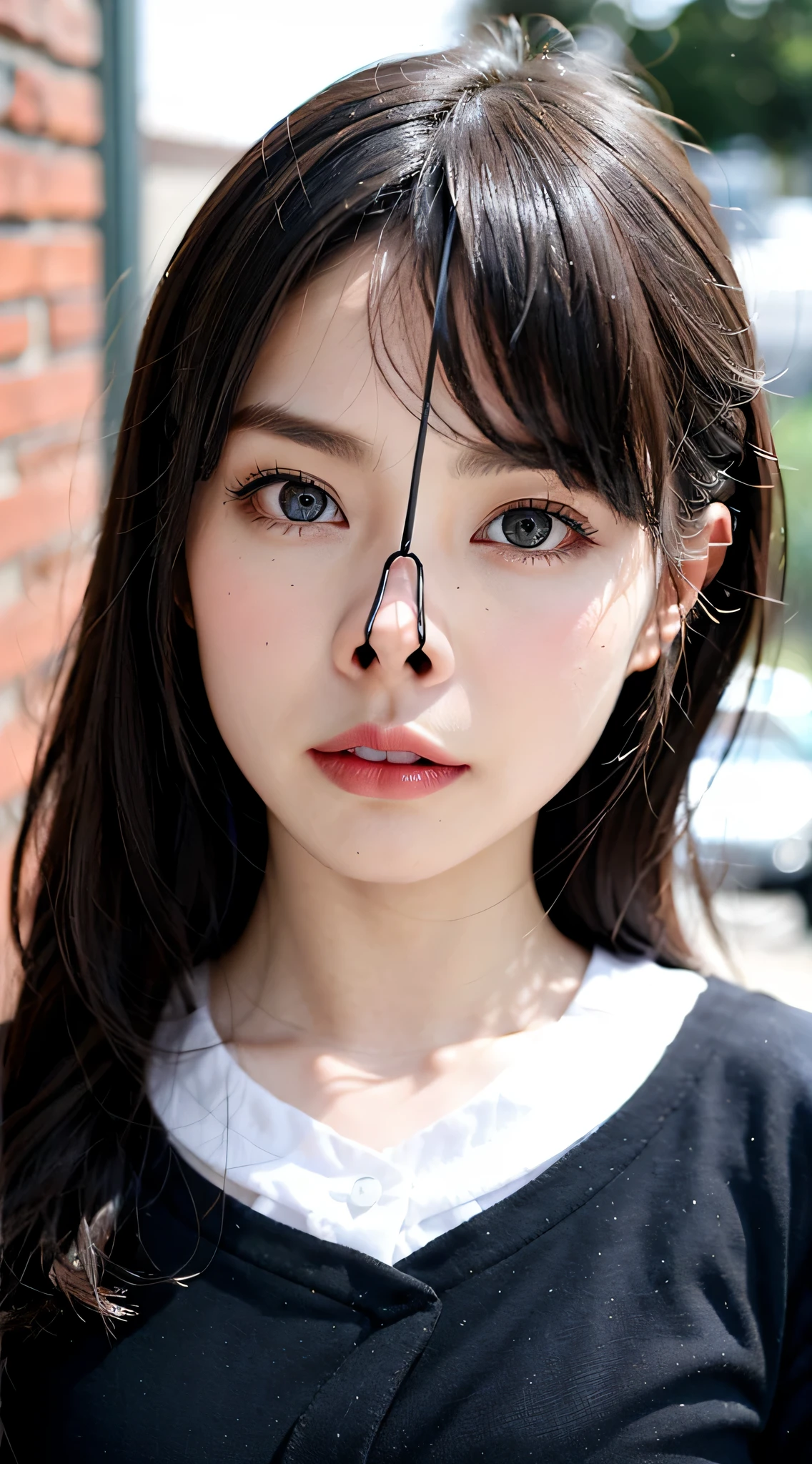 Fashion trendy beautiful and attractive woman, ,(Top quality realistic textured skin:1.4), fine eyes, detailed face, high quality eyes, focus the eyes clearly, nose and mouth,face focus, Super close up of face gentle and charming Chinese beautiful woman, delicate and sexy clavicle, attractive oval face, double eyelid, Smart peach blossom eyes, pink lips, small nose, bare shoulders, focus on the face, close up of face, ultra high resolution, Super detailed, full body photo, Ultra thin and transparent, The white off-shoulder shirt and light blue slit skirt go great together.., fresh and good, And see through,cinematic lighting,rim light,(((shortcut)))