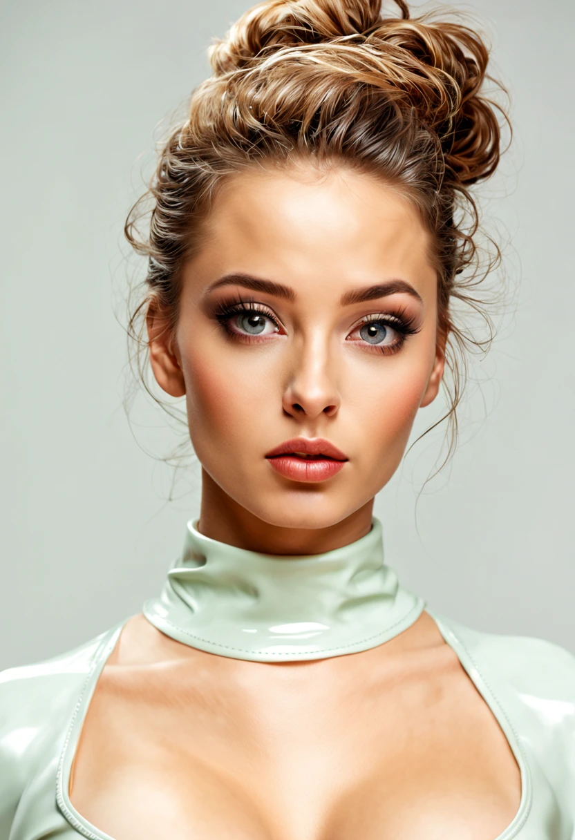 (1 girl), updo hairstyle, extremely cute face, wonderful face and eyes, (extremely detailed eyes, extremely detailed face), Fresh, very beautiful appearance, (super photographic, High resolution), (best quality:1.4), (hyper quality), real skin texture, Raw photo, (Reality, photorealistic:1.37), extremely detailed, professional photography, 32k sexy female models , Big breasts that are about to burst, 1 girl,sweater,background white,((latex barely)((upper body whole body))